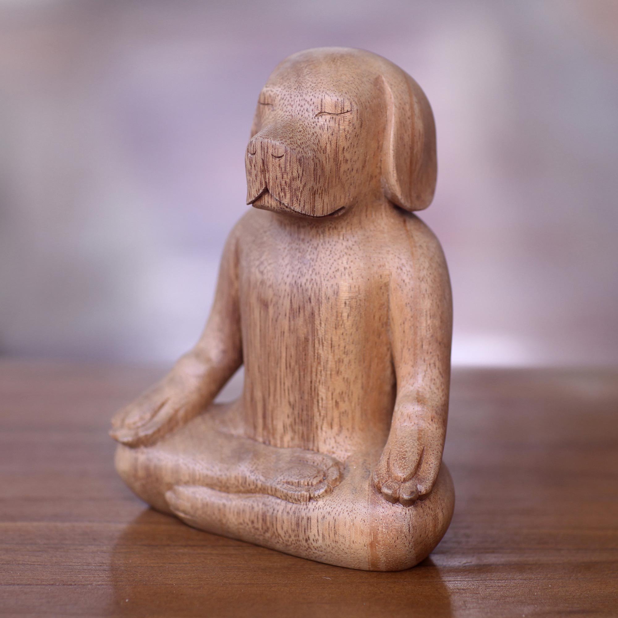 Handmade Beagle Wood Sculpture - Unique Yoga Dog Statue for Home Decor, Meditation & Yoga Room | NOVICA