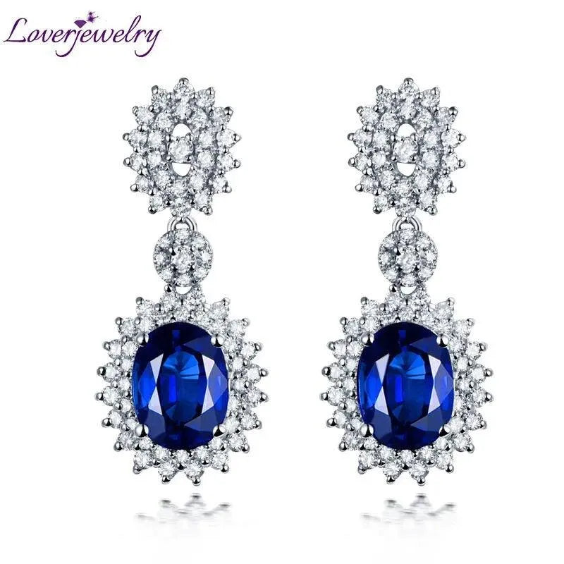 14K White Gold Genuine Blue Sapphire & Diamond Earrings for Women | Wedding, Anniversary, Party Jewelry Gift | Elegant Everyday Wear & Special Occasion Accessories