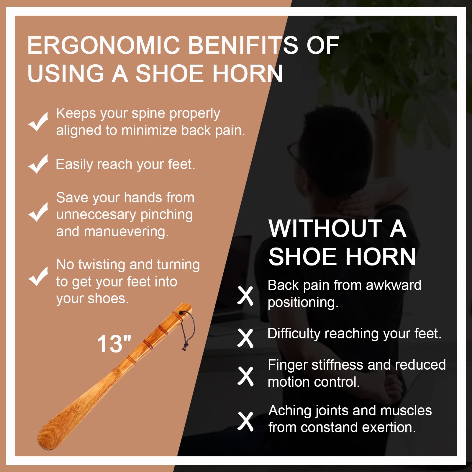 Premium Wooden Shoe Horn Set - 2 Pack Durable 13