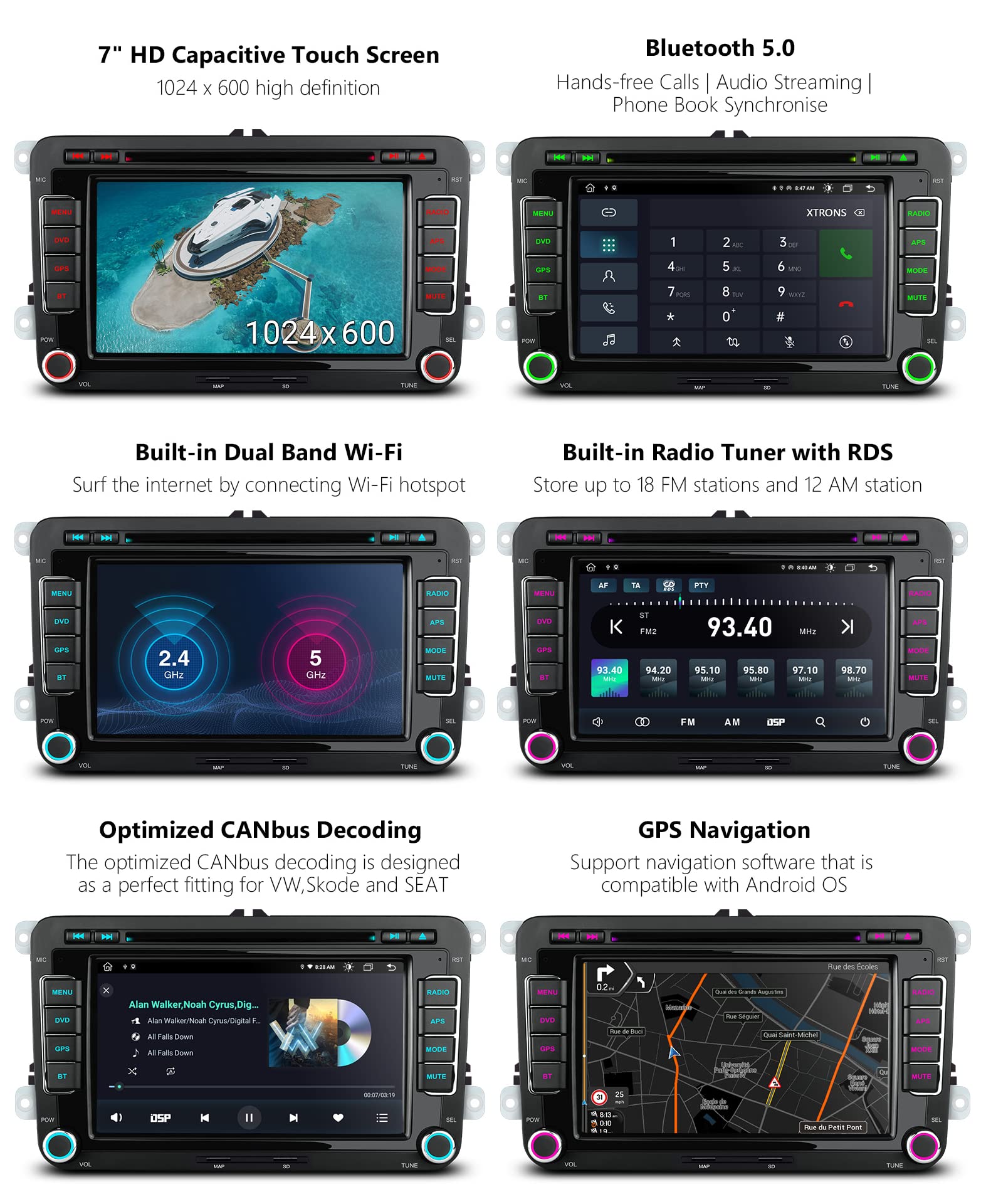 XTRONS 7 Inch Android 13 Car Stereo with Octa Core, GPS Navigation, 4G WiFi, Wireless CarPlay, DSP, Bluetooth - Double Din DVD Player for VW Seat Skoda - Perfect for Road Trips & Daily Commuting