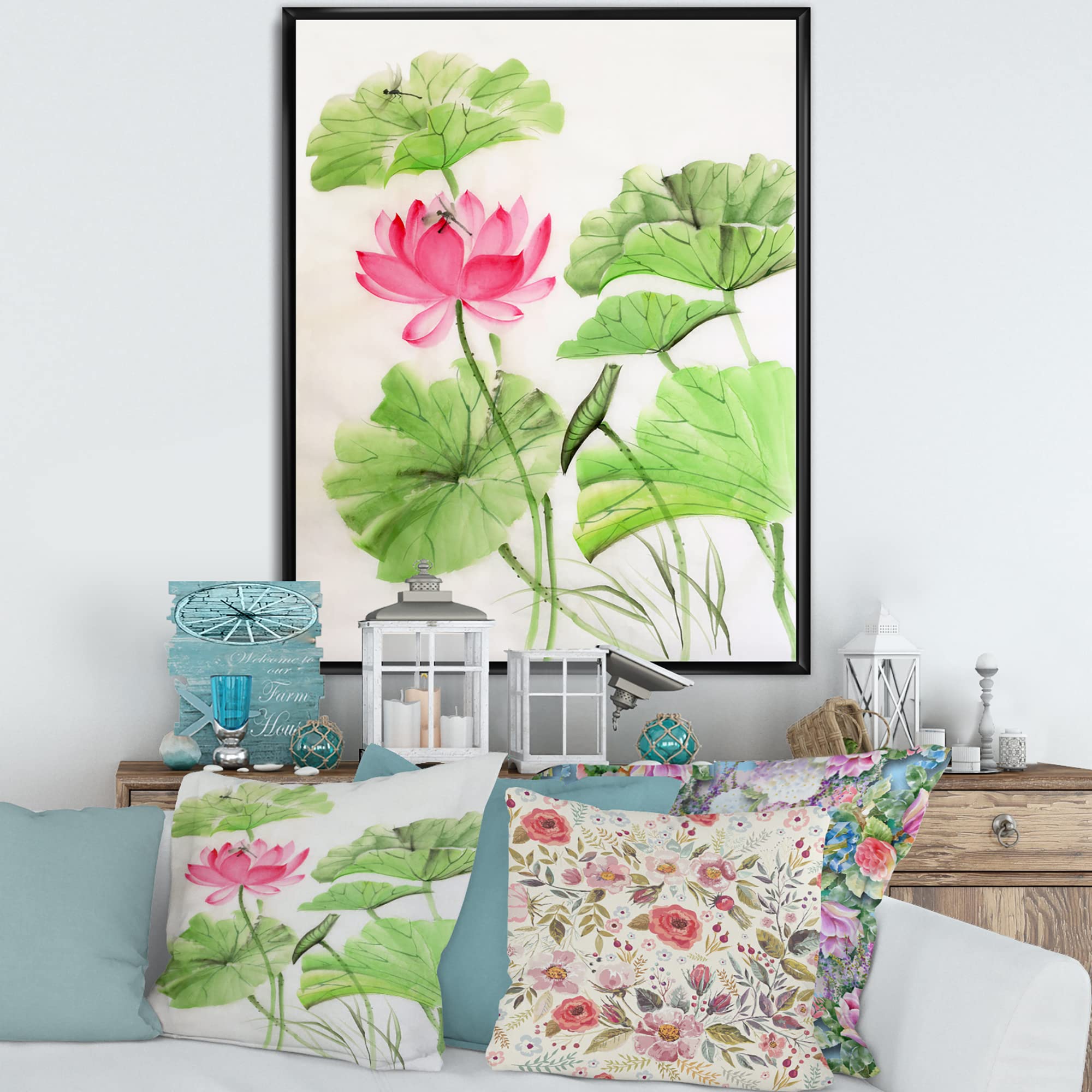 Lotus and Dragonfly Framed Canvas Wall Art - Traditional Asian Home Decor for Living Room, Bedroom & Office