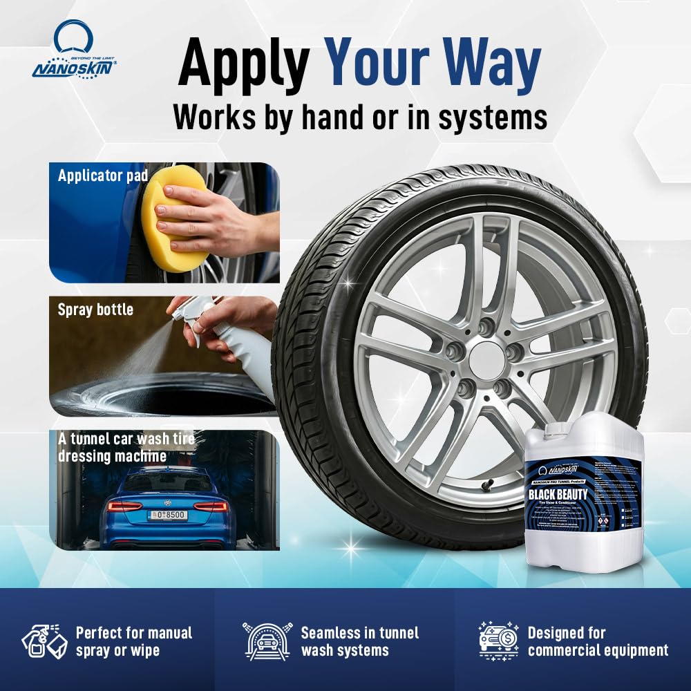 Nanoskin Black Beauty Tire Shine & Conditioner 5 Gallons - Water-Repellent UV Resistant Tire Shine Spray - Non-Greasy Formula Restores Deep Black Finish - Works with Manual & Automatic Applicators for Cars, Trucks, SUVs - Perfect for Car Detailing, Auto Show Prep & Daily Vehicle Maintenance