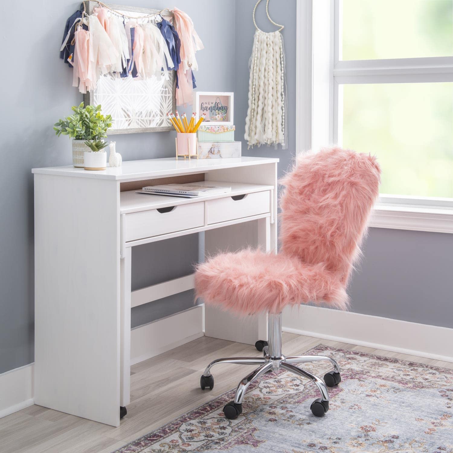 Linon Faux Flokati Armless Office Chair in Blush Pink - Modern Comfort for Home Office, Study & Workspace - Soft Velvet Accent Chair for Work & Relaxation