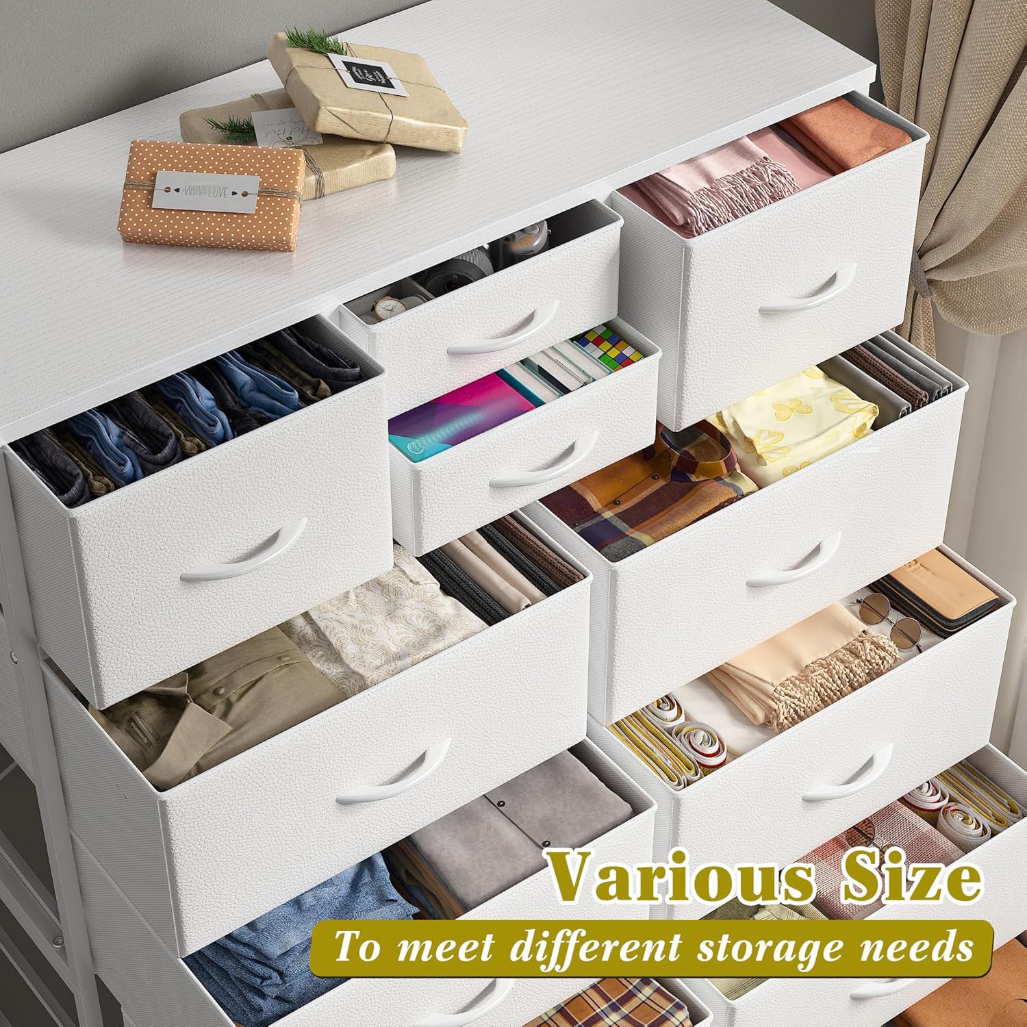 EnHomee 14-Drawer White Dresser for Bedroom - Tall Wooden Top & Metal Frame Fabric Storage Chest | Perfect for Bedroom, Closet & Living Room Organization
