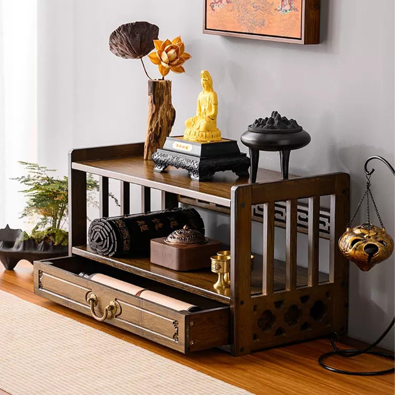3-Tier Bamboo Puja Table with Drawer - Spiritual Altar Table for Meditation, Buddhist Statues & Tea Ceremony - Natural Wood Storage Shelf for Home Temple, Deceased Memorial & Personal Sacred Space - Perfect for Daily Worship, Zen Decor & Mindful Living
