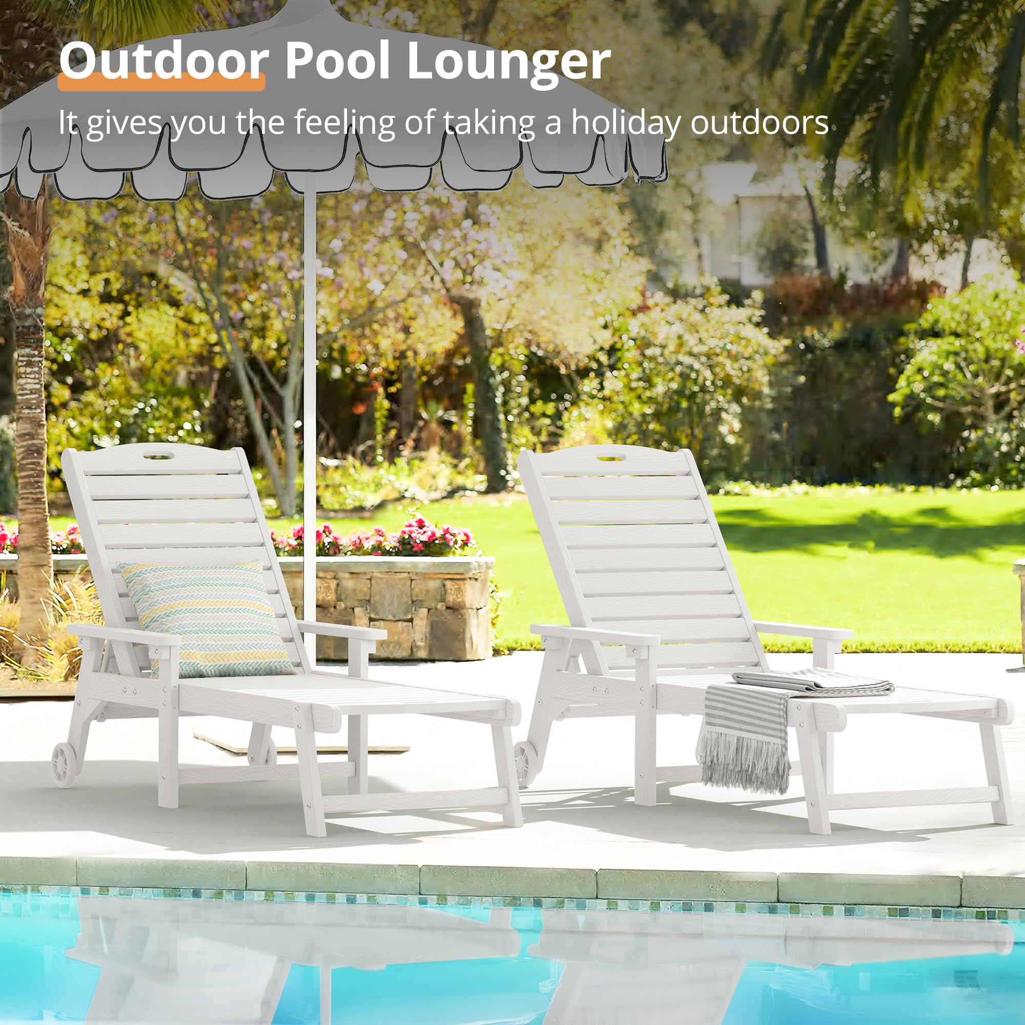 LUE BONA 79'' Oversized Adjustable Outdoor Chaise Lounge Chair with Wheels - 5-Position Reclining Poolside Lounger for Backyard, Patio & Beach - Durable HDPS Material - White (3-Year Warranty) - Perfect for Sunbathing, Relaxing by the Pool or Outdoor Lounging