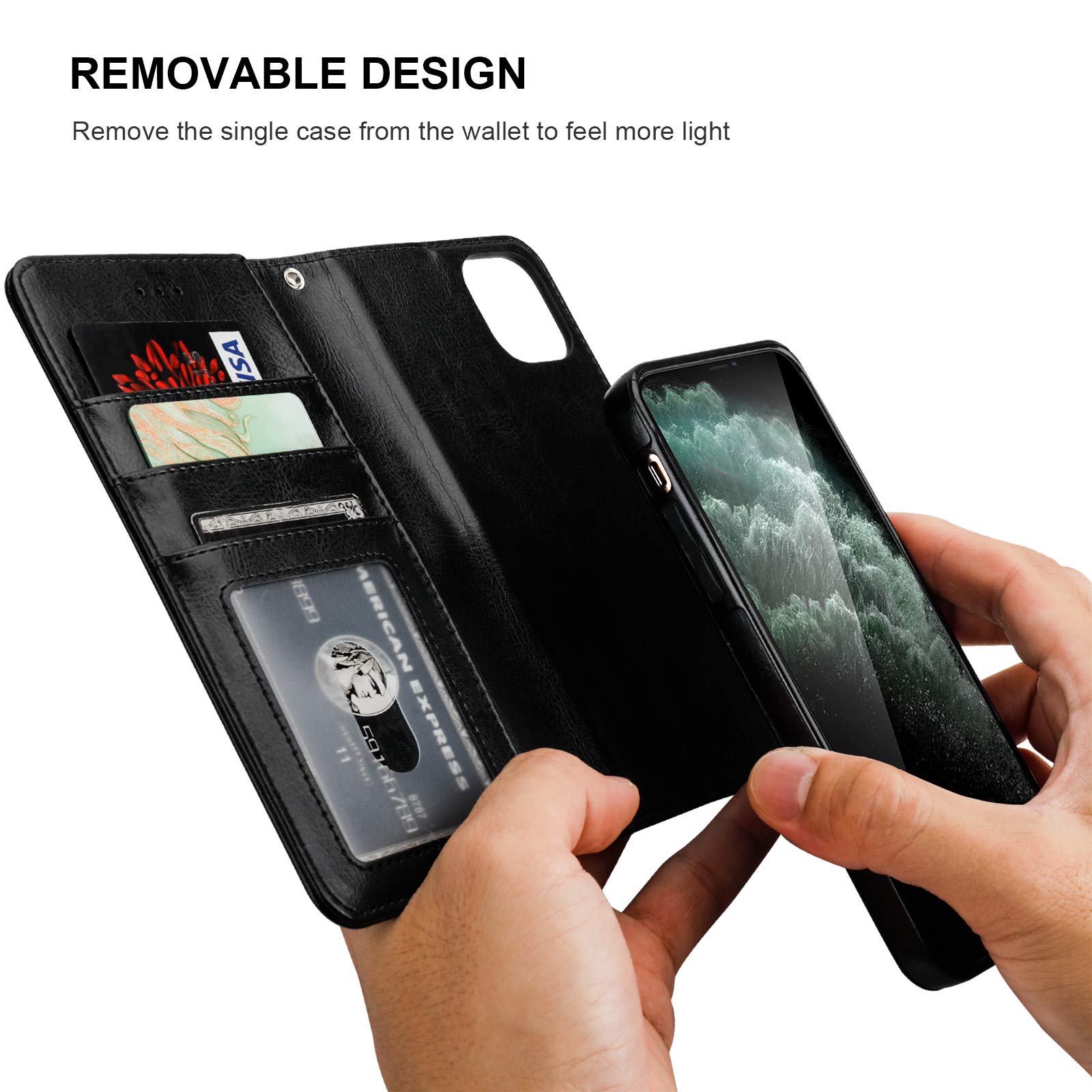 Premium PU Leather Magnetic Detachable Wallet Case for iPhone 11 Pro Max (6.5 inch) - Shockproof Flip Cover with Card Holder, Kickstand & Wrist Strap | Perfect for Daily Use, Travel & Hands-Free Viewing (Black)
