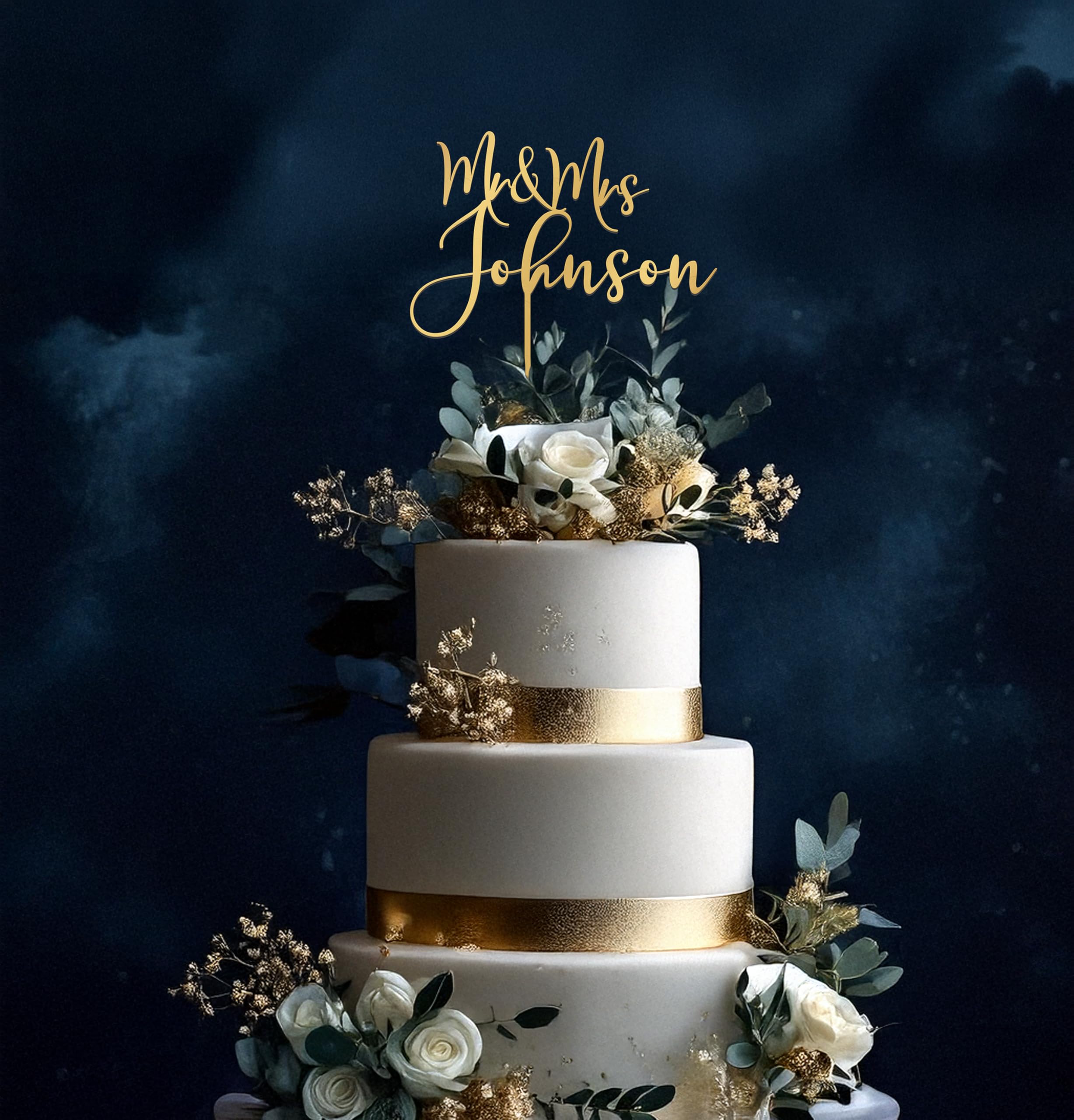 Personalized Gold Wedding Cake Topper - Custom Mr & Mrs Cake Decor with Engraved Names - Rustic Anniversary Cake Topper for Weddings, Bridal Showers & Special Celebrations