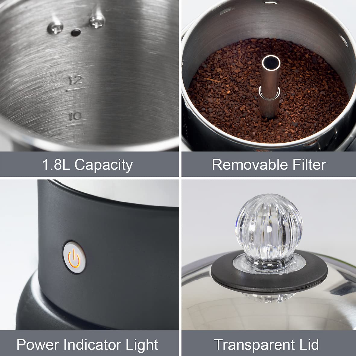 Quest 35200 Electric Coffee Percolator - 1.8L Stainless Steel Filter Coffee Maker with 30-45 Min Keep Warm, Removable Filter, 12-Cup Capacity (1100W) - Perfect for Home, Office & Camping Use