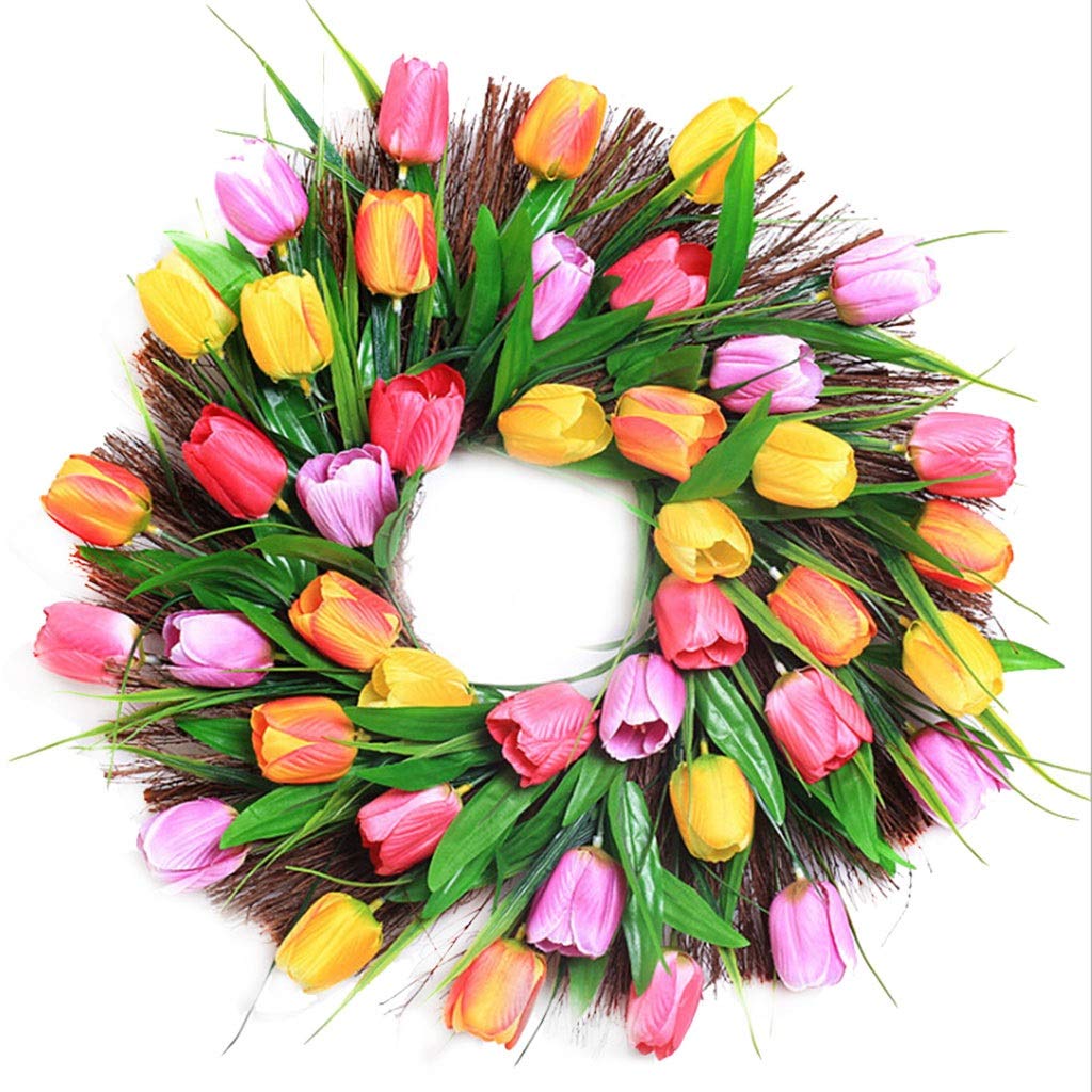 Bjyx Artificial Tulip Flower Wreath - Spring Floral Front Door Hanging Decor for Home, Window, Wall, Party & Wedding (Valentine's Day Decoration) - Perfect for Seasonal Home Decor, Front Porch Welcome Sign & Holiday Door Hanging