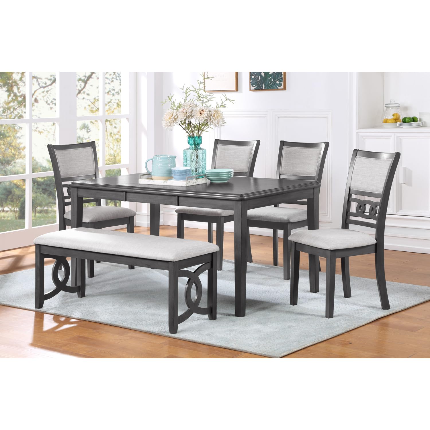 New Classic Furniture Gia Upholstered Dining Bench with Smoky Gray Finish - Perfect for Kitchen, Dining Room, and Breakfast Nook Seating