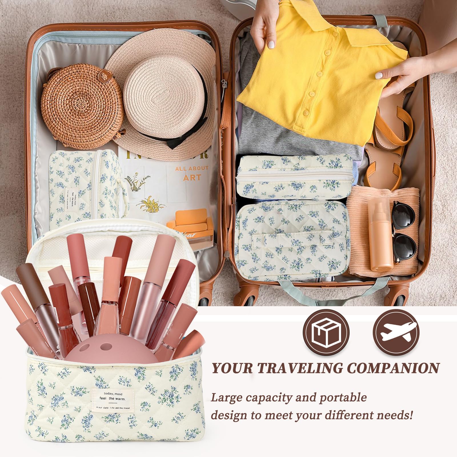 Quilted Makeup Bag for Women, Floral Cosmetic Travel Organizer - Perfect for Toiletries & Travel