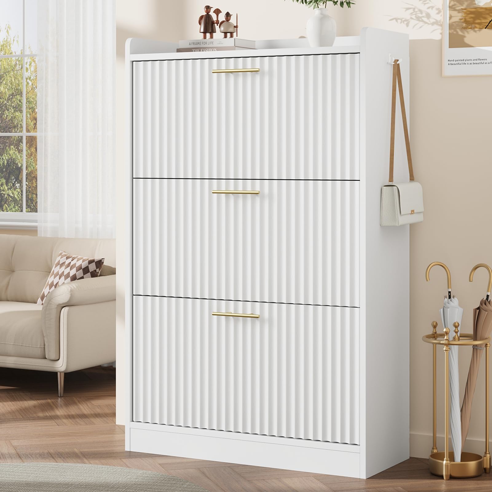 Modern Fluted Shoe Storage Cabinet with 3 Flip Drawers - Large Free Standing Shoe Organizer for Entryway, Foyer & Hallway - Hidden Shoe Rack for Home Organization (White) | Perfect for Small Spaces & Clutter-Free Living