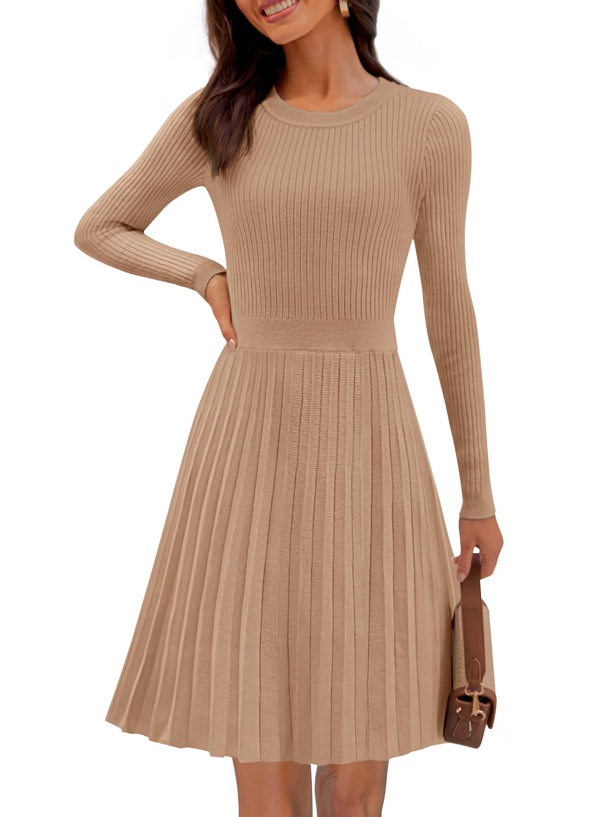 MEROKEETY Women's 2025 Long Sleeve Mini Sweater Dress - Crewneck Ribbed Knit A-Line Pleated Swing Short Dress for Casual Outings, Date Nights & Fall Fashion