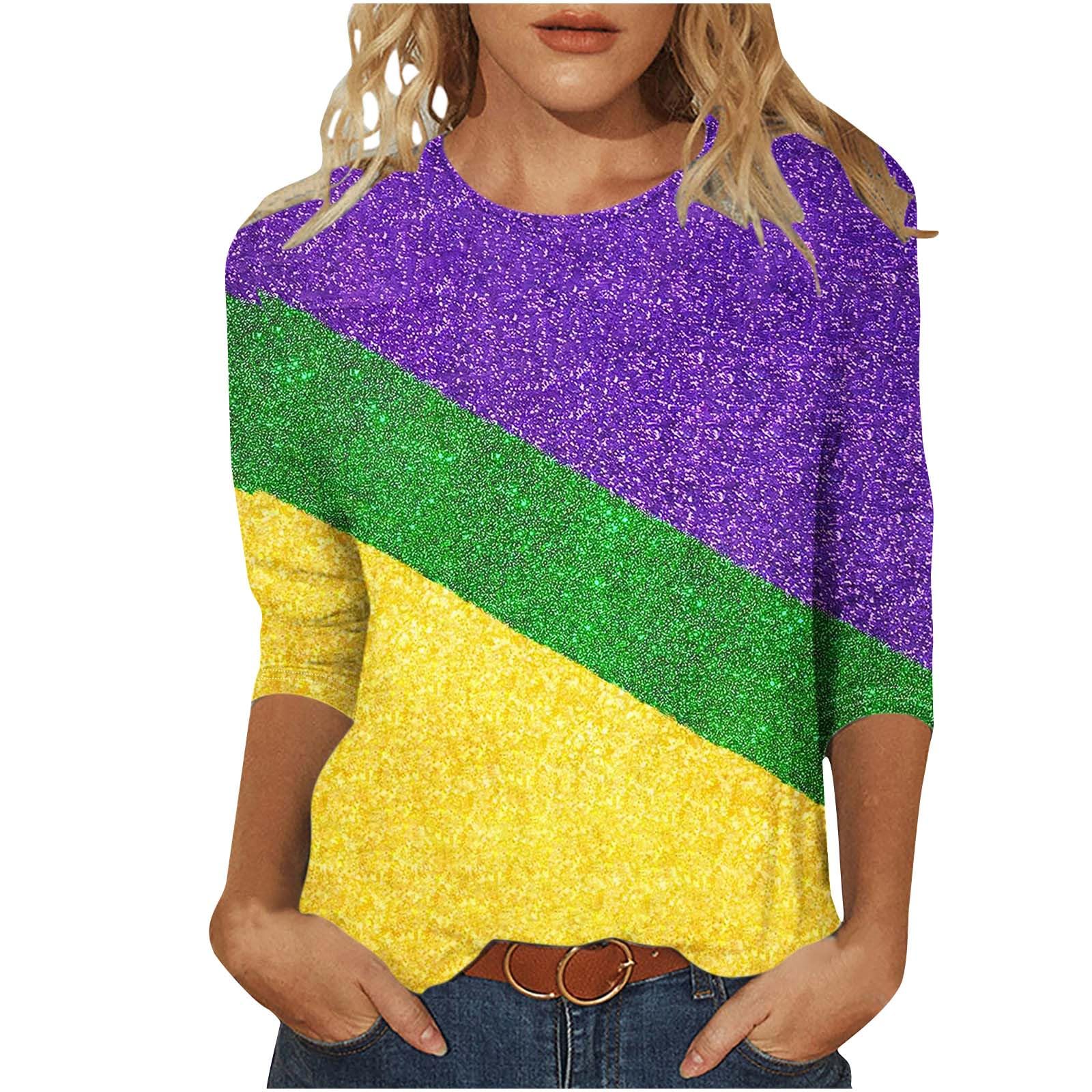 Trendy Mardi Gras T-Shirts for Women - 3/4 Sleeve Party Blouse for Carnival & Night Out