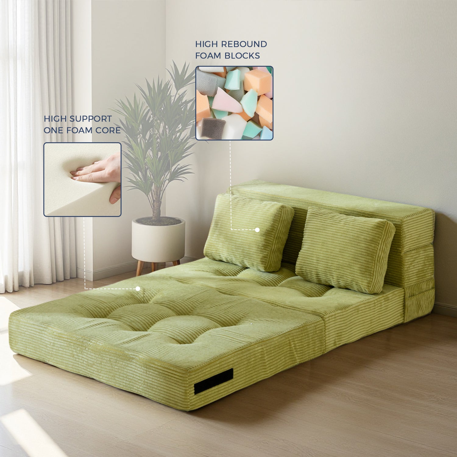 MAXYOYO 4-in-1 Folding Sofa Bed with Pillow - Tufted Sleeper Chair for Living Room, Guest Room & Small Spaces, Convertible Futon for Lounge, Nap & Overnight Guests, Green