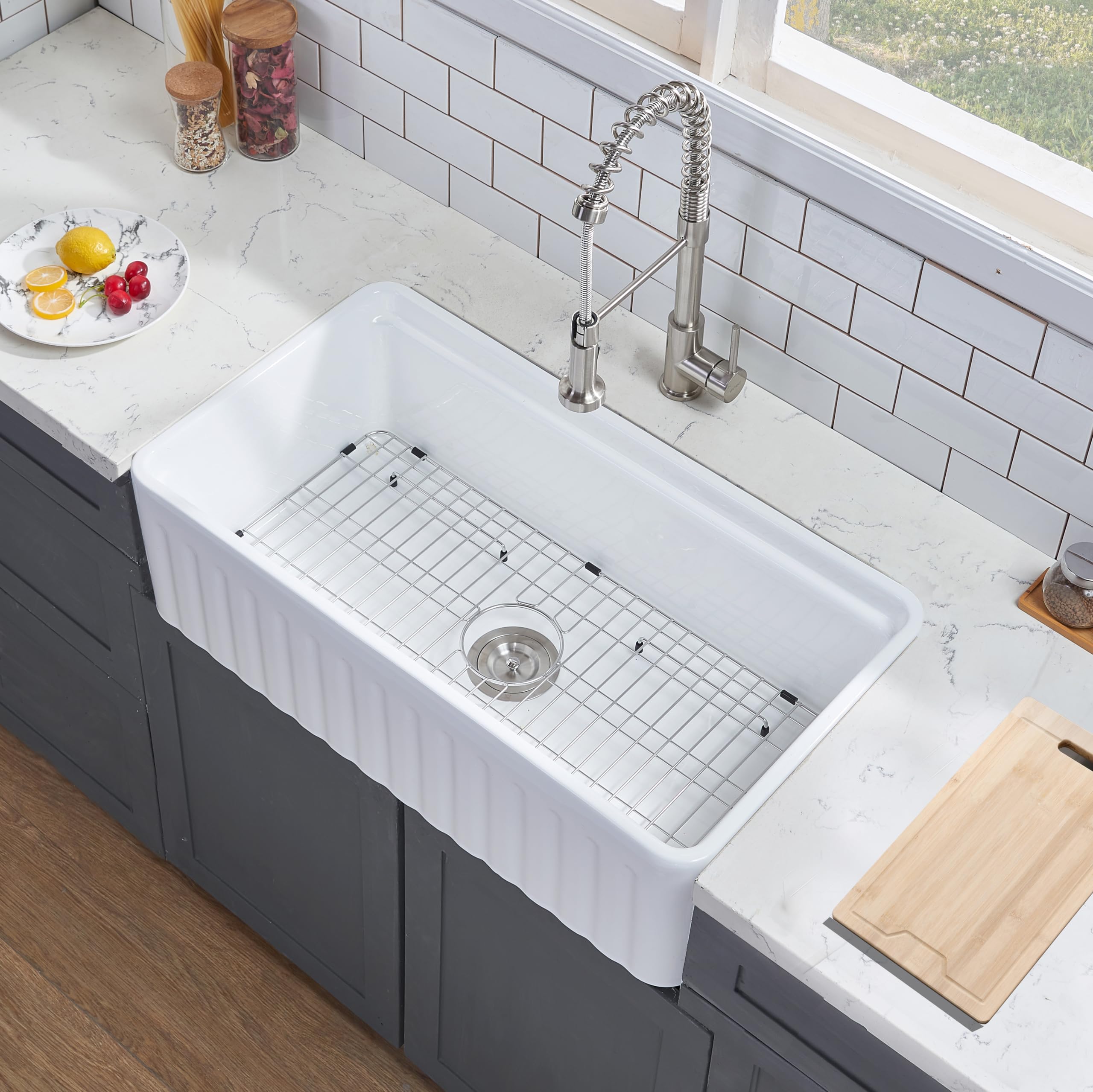 Friho 33x18 Inch Modern Single Bowl Drop-In Farmhouse Kitchen Sink - White Apron Front Undermount Fireclay Ceramic Porcelain Sink with Cutting Board | Perfect for Rustic Kitchens, Remodeling & Country Style Homes