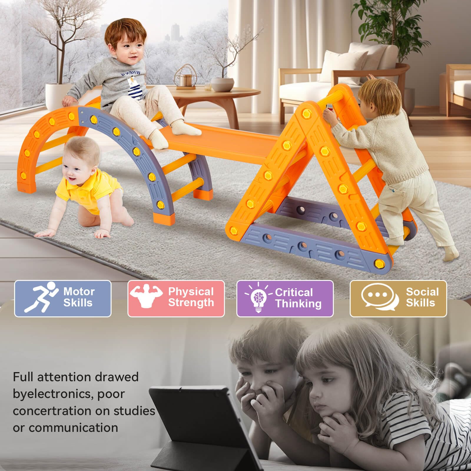 Flwrgirl 6-in-1 Pikler Triangle Climbing Set - Montessori Wooden Climbing Toys for Toddlers 1-3 Years Old - Indoor Play Gym for Kids with Slide & Ramp - Perfect for Home Playroom, Daycare & Preschool Activities
