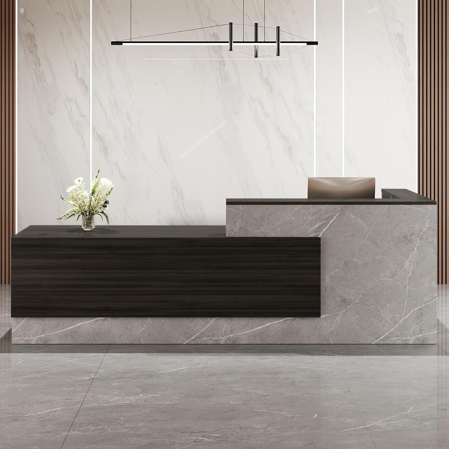 Modern L-Shaped Reception Desk 63x24x41 Inches - White & Light Brown Office Furniture for Corporate, Hotel, and Clinic Lobby