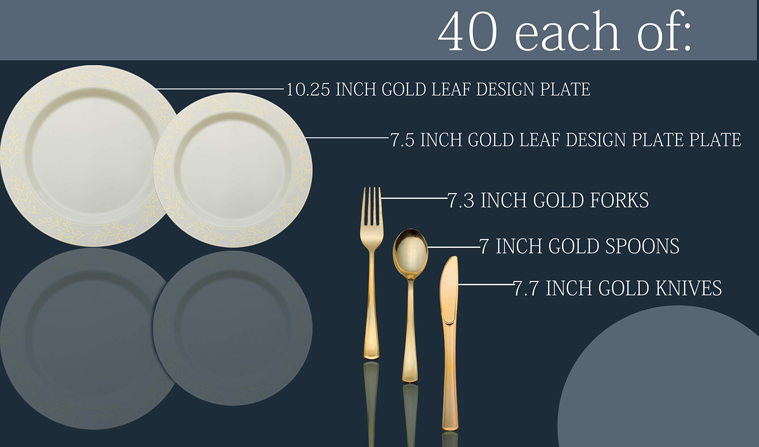 200-Piece Elegant Disposable Plastic Dinnerware Set - 40 Gold-Trimmed Plates, 40 Gold Dessert Plates & 40 Glossy Gold Cutlery (Forks, Knives, Spoons) - Perfect for Weddings, Parties, Picnics and Events
