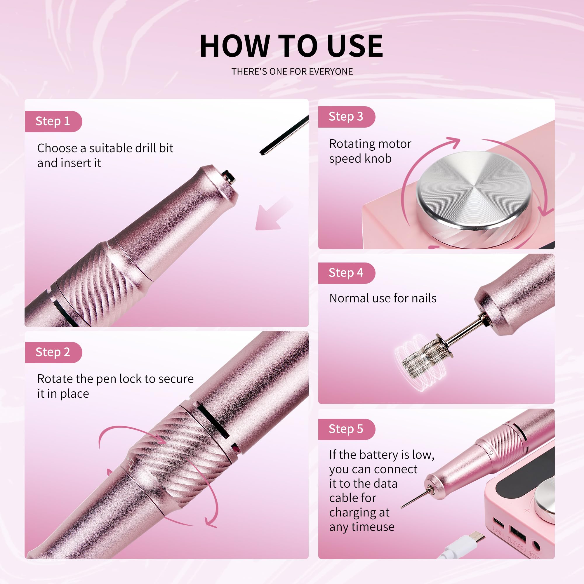Professional Cordless Electric Nail Drill - 45000 RPM Rechargeable Manicure Machine for Acrylic & Gel Nails | Portable Nail File Kit for Salon & Home Use | Perfect for Nail Art, Polish Removal & Pedicures (Pink)