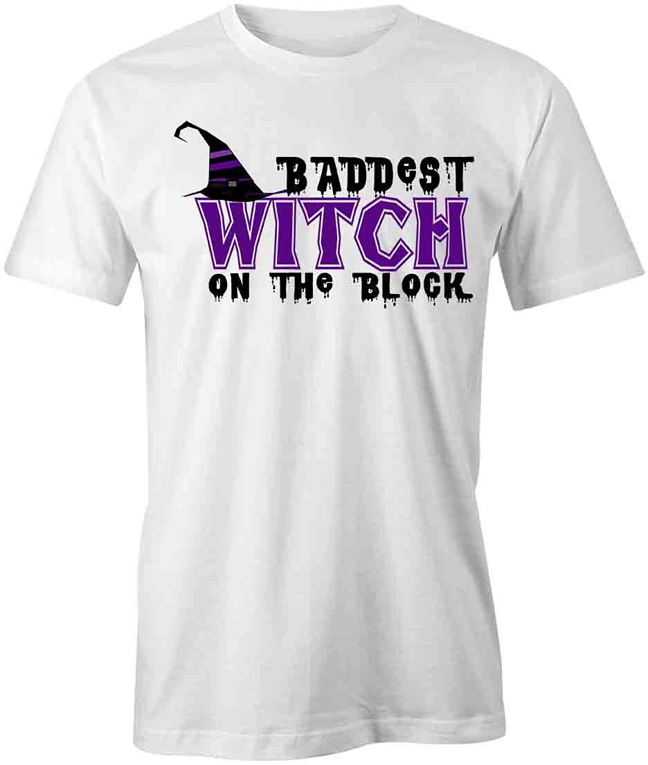 Baddest Witch On The Block Graphic T-Shirt - White Cotton Printed Tee for Halloween, Cosplay & Witch-Themed Parties