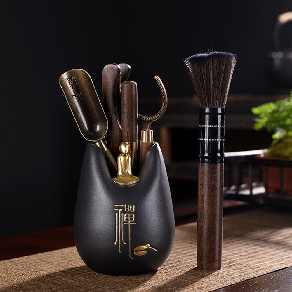 Handcrafted Ebony Tea Set with Coarse Pottery Monk Holder - Traditional Japanese Tea Ceremony Accessories for Matcha & Loose Leaf Tea Brewing