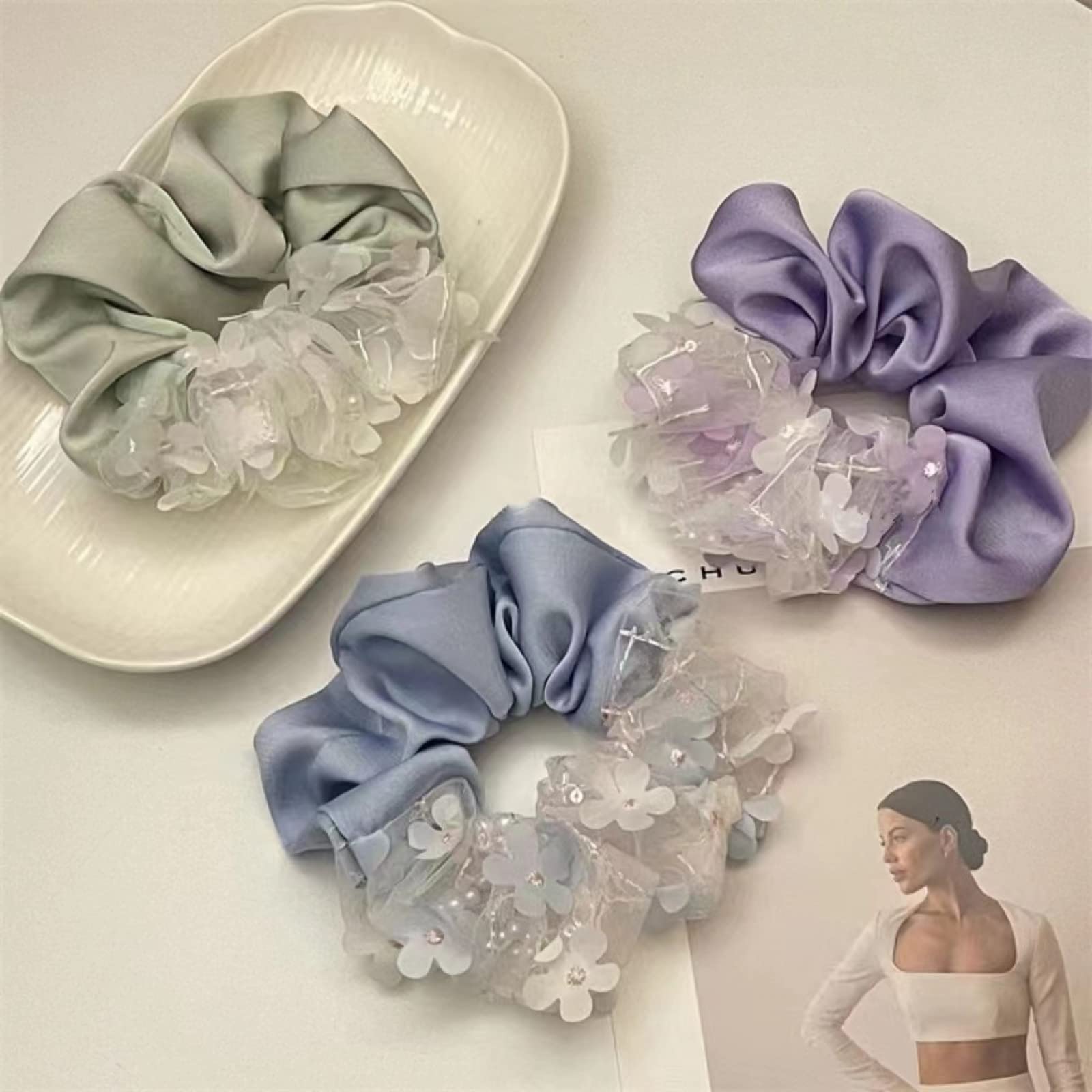 3 Pack Silk Scrunchies for Women - Pearl Flower Hair Ties, Thick Elastic Hair Bands for Ponytails, Buns & Braids (Perfect for Summer, Weddings & Everyday Use)