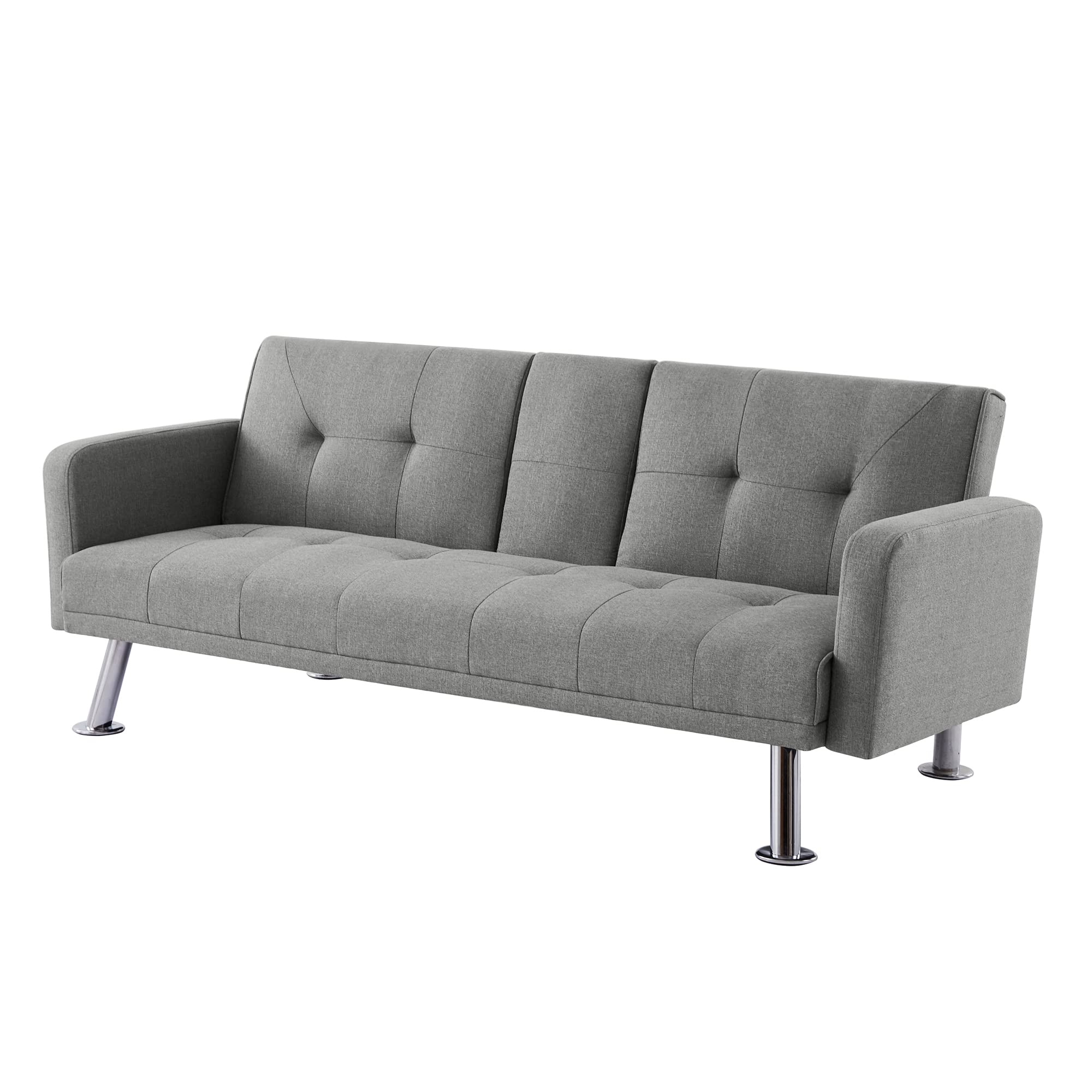 Convertible Futon Sofa Bed - 3 Adjustable Positions, Modern Upholstered Daybed Loveseat with 2 Cup Holders | Space-Saving Sleeper Couch for Small Apartments, Studio, Office & Compact Living Rooms (Grey) | Perfect for Guest Sleeping, Lounging & Small Space Living