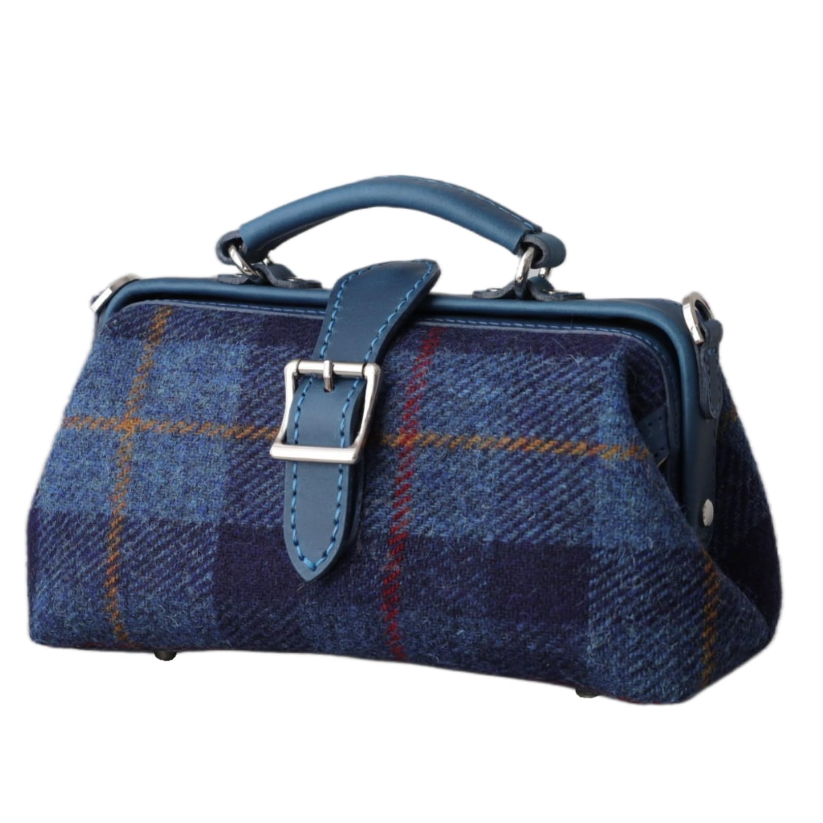 Harris Tweed Women's Leather Doctor Bag - Vintage Wool Crossbody Purse with Top Handle & Adjustable Long Strap - Everyday Shoulder Bag for Work, Travel & Casual Outings (Blue)