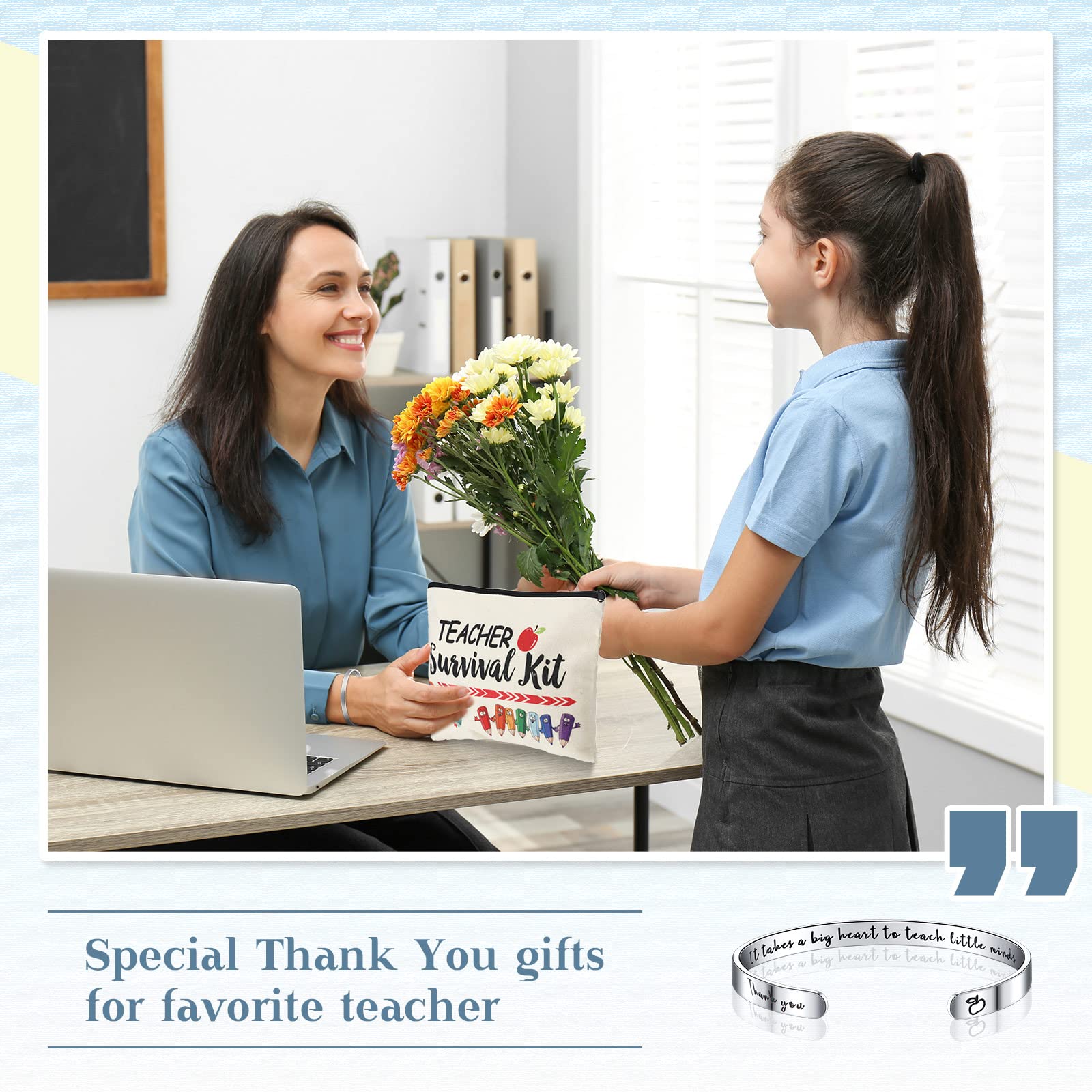 8-Piece Valentine's Teacher Appreciation Gift Set for Women - 4 Cosmetic Makeup Bags & 4 Cuff Bangle Bracelets - Perfect Graduation, End of Year Thank You Gifts for Teachers, Educators, and Mentors - Ideal for Classroom Celebrations, Teacher's Day, and Retirement Parties
