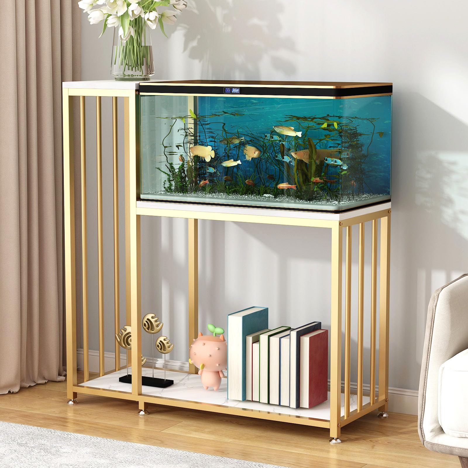 29 Gallon Fish Tank Stand - Sturdy Metal Aquarium Stand with Storage Shelves for Fish Tank Accessories, Reptile & Turtle Terrariums - Gold Finish for Home & Office Use | Perfect for Living Room, Bedroom Decor & Pet Habitat Setup