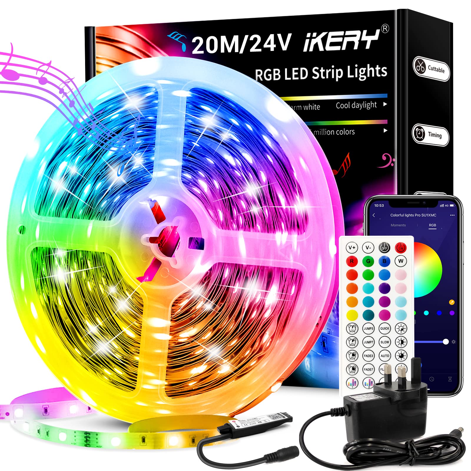 IKERY 20M RGB LED Strip Lights - Bluetooth App & Remote Control, Music Sync, 24V SMD 5050 LEDs, DIY Color Changing Tape Lights for Bedroom, Ceiling, Home Decor - Perfect for Parties, Gaming Rooms & Holiday Lighting (1 Roll)