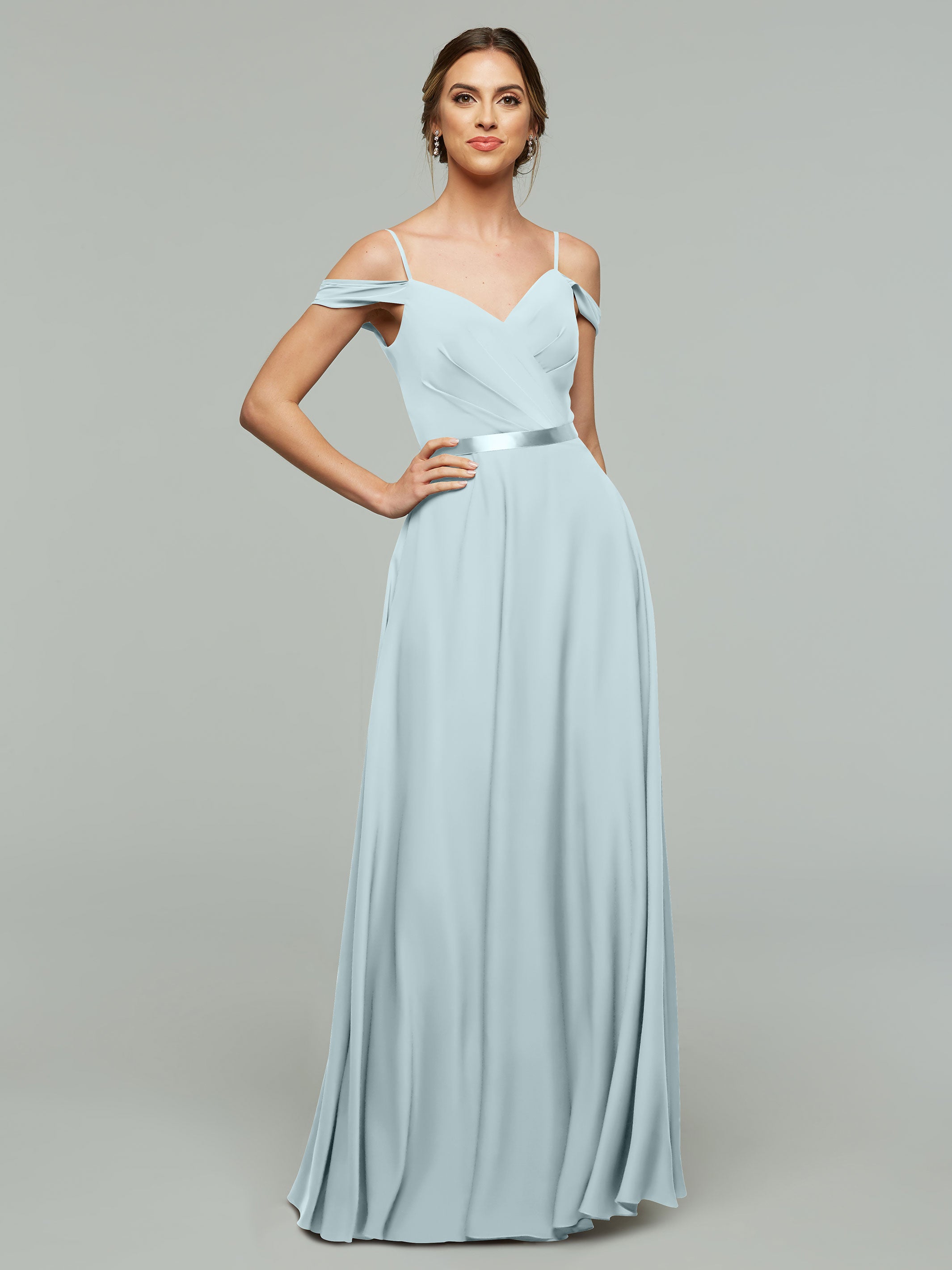 Elegant 80106 Off-The-Shoulder Stretch Chiffon A-Line Bridesmaid Dress with Sash - Perfect for Weddings, Formal Events & Special Occasions