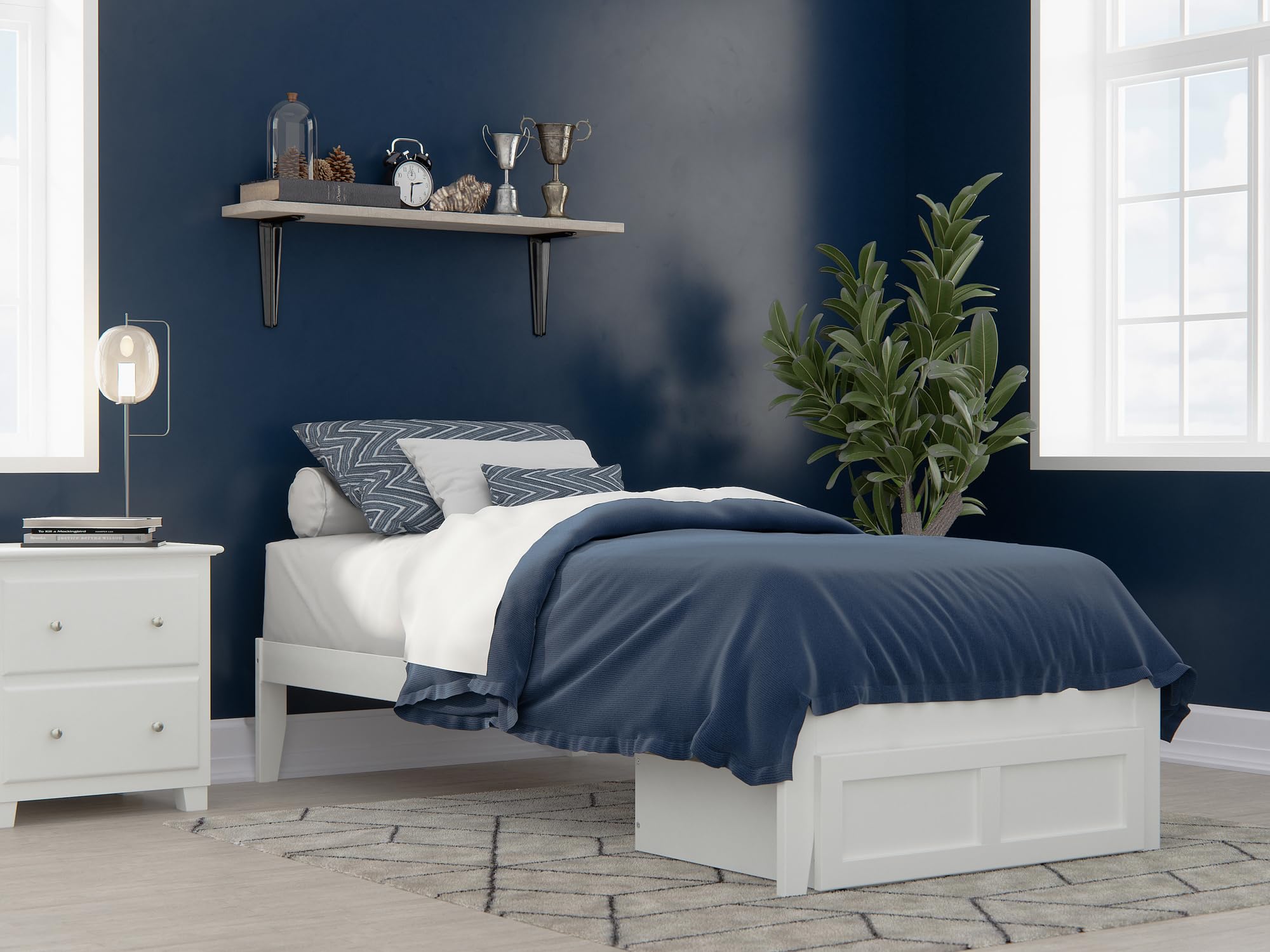 AFI Colorado Twin XL Platform Bed with Foot Drawer & USB Charger - Modern White Wooden Bed Frame for Small Spaces, Dorm Rooms & Guest Bedrooms