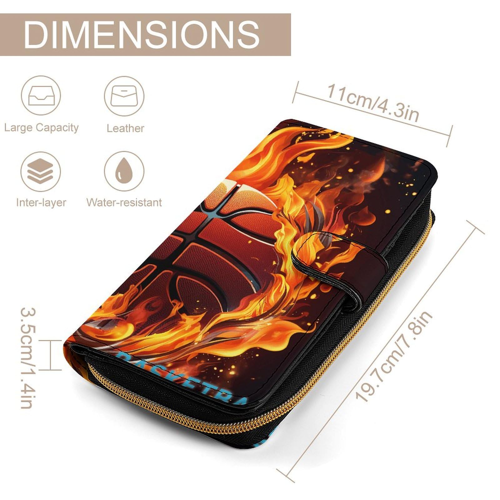 LQWOK Leather Wallet with Basketball Logo & Flames Print - Durable Travel Wallet for Men - Portable Slim Bifold Wallet (19.7x11x3.5cm) - Perfect for Everyday Use, Sports Fans & Gift Giving