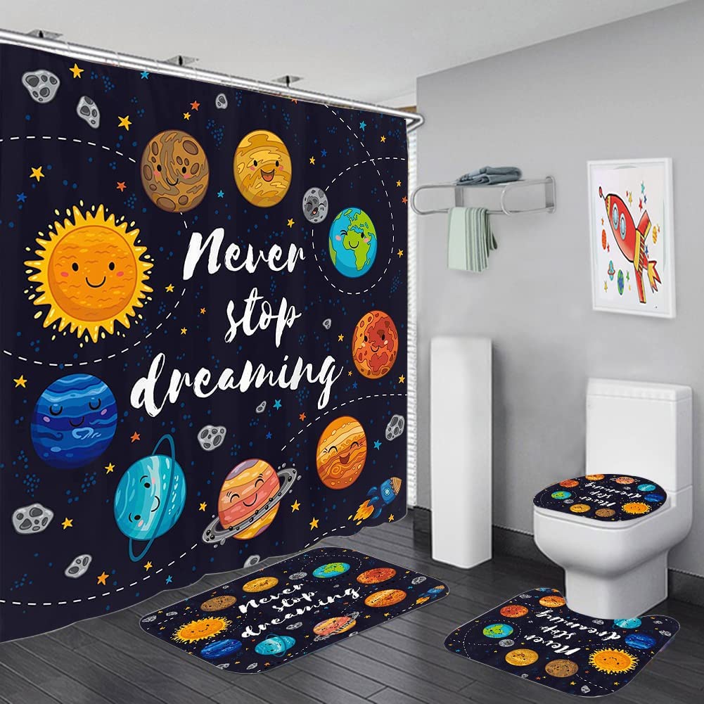 4-Piece Kids Cartoon Planet Shower Curtain Set with 12 Hooks - Bathroom Decor Set Includes Shower Curtain, Toilet Mat & Lid Rug - Fun Nursery Bathroom Accessories for Kids' Bath Time & Playful Decor