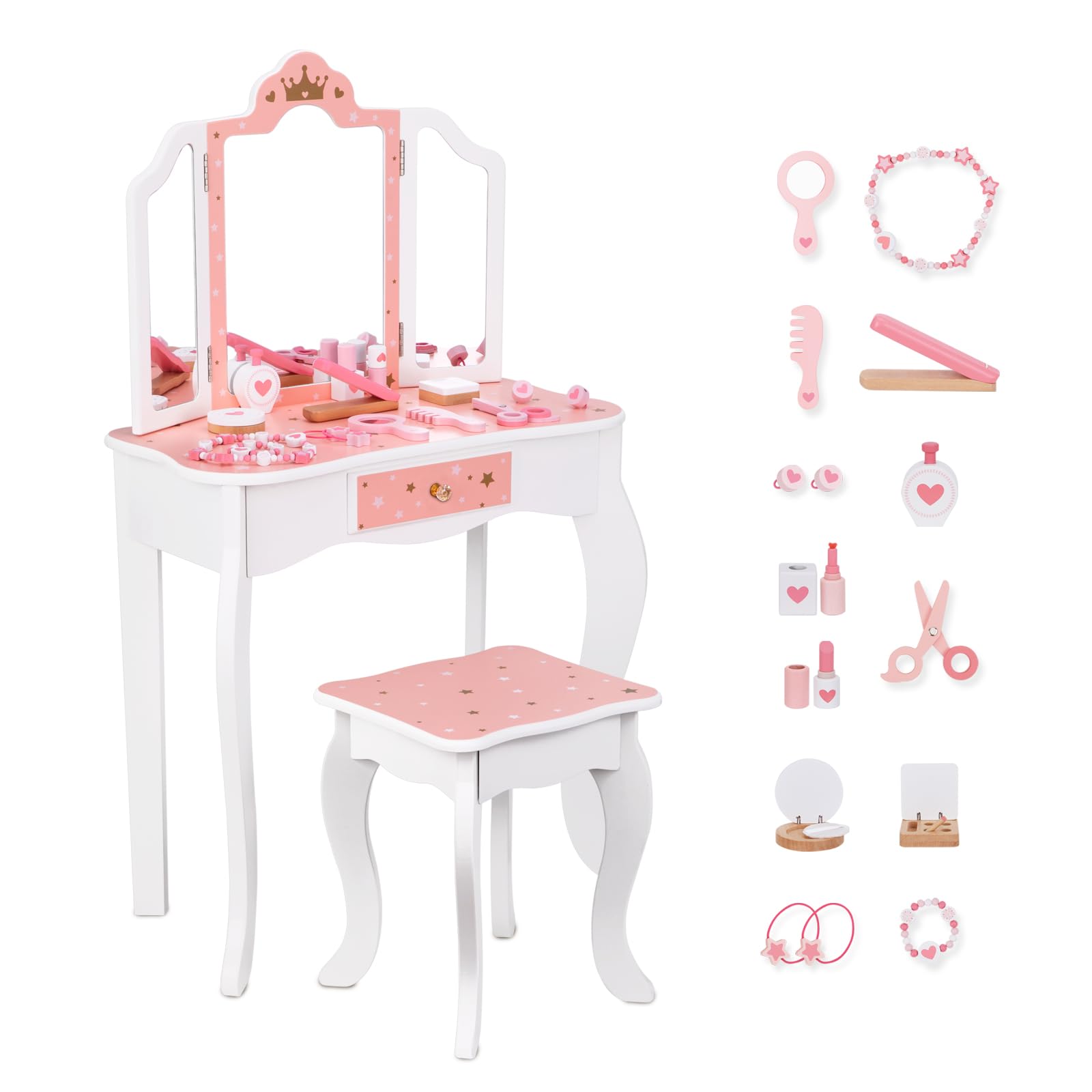 Kids Vanity Set with Mirror & Stool - Wooden Pretend Makeup Dressing Table for Girls, Perfect Gift for Little Princess | Playroom Decor, Birthday Present & Pretend Play Accessory