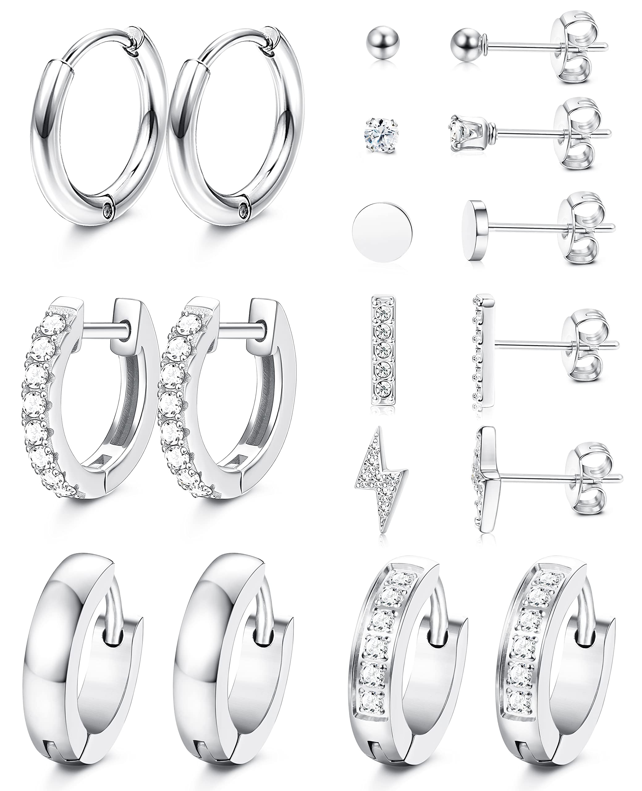 FASACCO 9 Pairs Small Huggie Hoop Earrings & CZ Bar Stud Earrings Set for Multiple Piercing - Minimalist Dot Studs for Women, Girls | Everyday Wear, Parties, Gifts