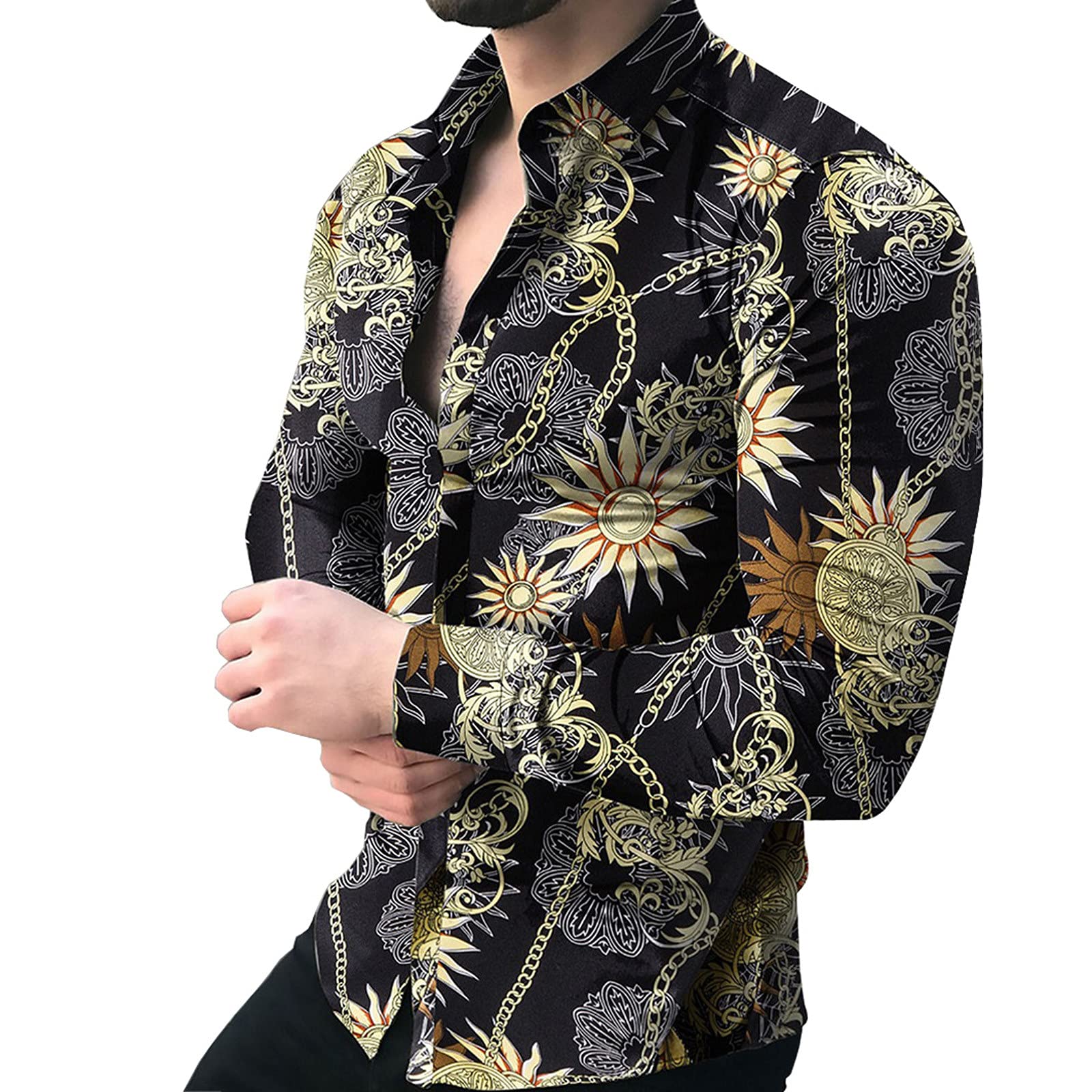 Vintage Printed Men's Casual Button Down Shirt - Long Sleeve Spread Collar Business Dress Shirt for Office, Dating & Casual Wear