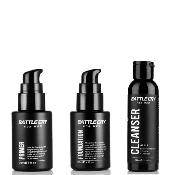 Battle Cry Men's Makeup Kit - Lightweight Liquid Foundation, Face Cleanser, Long-Lasting Primer, All-in-1 Party Makeup Set (Medium, 3-Pack) - Perfect for Cosplay, Halloween, and Special Events