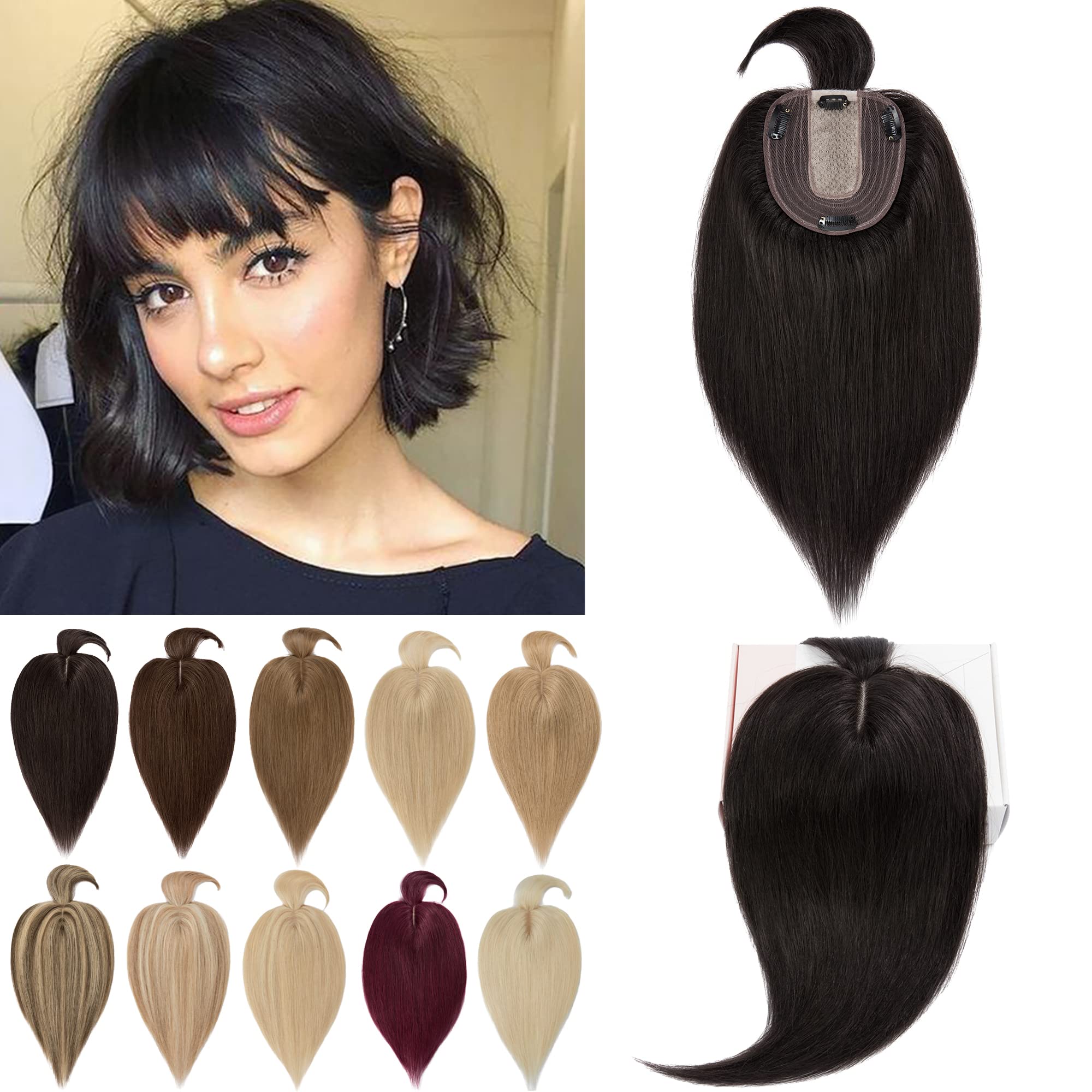 130% Density Human Hair Toppers with Bangs - Hand Tied Silk Base Clip-In Hair Topper for Women with Thinning Hair | Natural Black 12 Inch 40g | Covers Hair Loss & Gray Hair | Perfect for Daily Wear, Special Occasions & Styling
