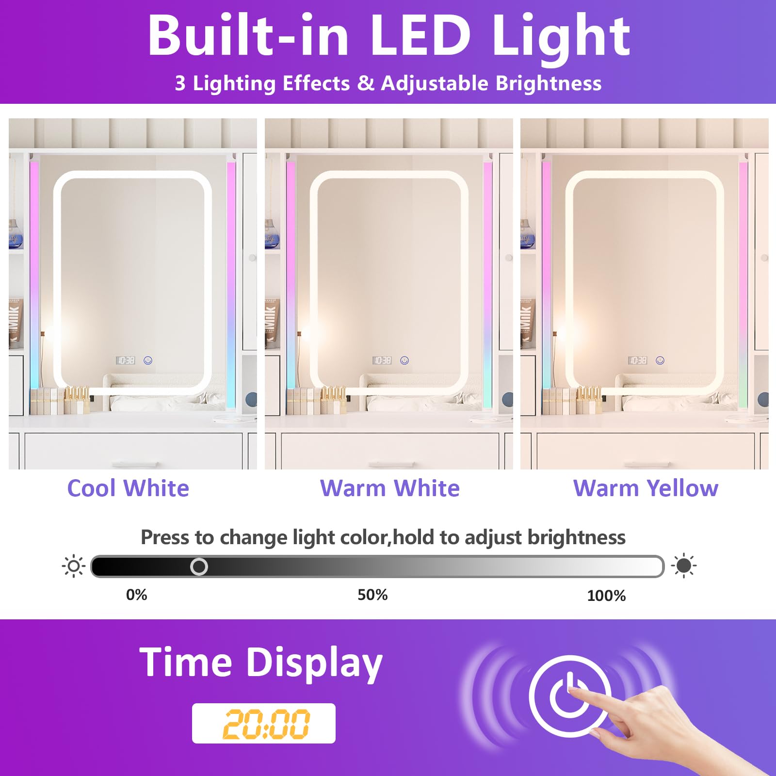 Fameill White Vanity Desk with LED Mirror & 5 Drawers - Makeup Table with RGB Lights & Storage for Bedroom