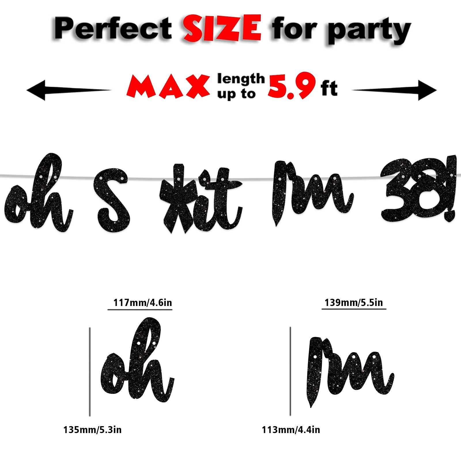 Black Glitter 'Oh I'm 38!' Birthday Banner Backdrop - Happy 38th Birthday Party Decorations for Men & Women - Photo Studio Props, Flags & Party Supplies Kit - Perfect for 38th Birthday Celebrations, Photo Booths & Milestone Decor