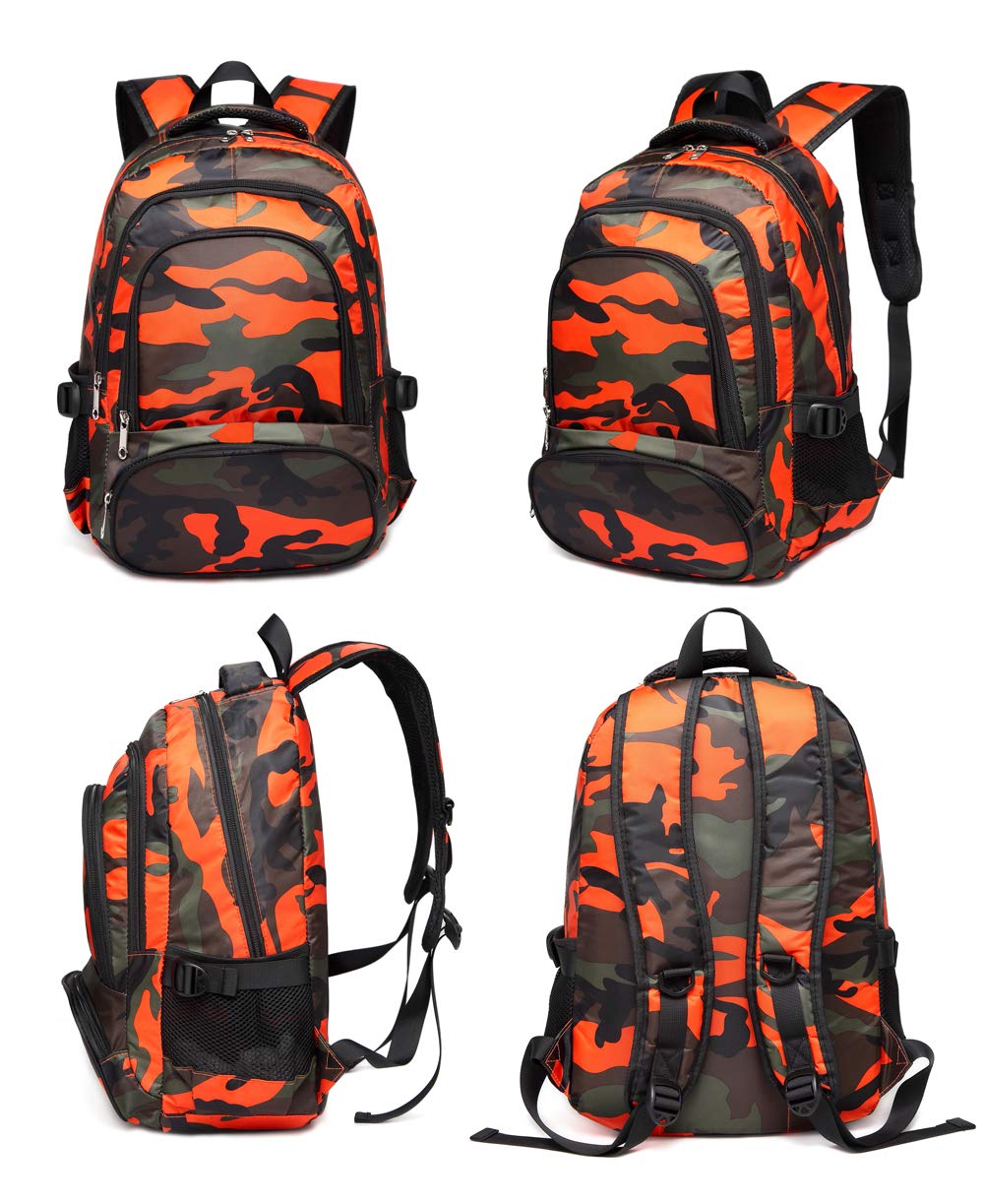 BLUEFAIRY Kids Backpack for Boys 6-10 Years - 17 Inch Camouflage Orange School Bookbag for Elementary Students | Durable Backpack for School, Travel & Outdoor Adventures