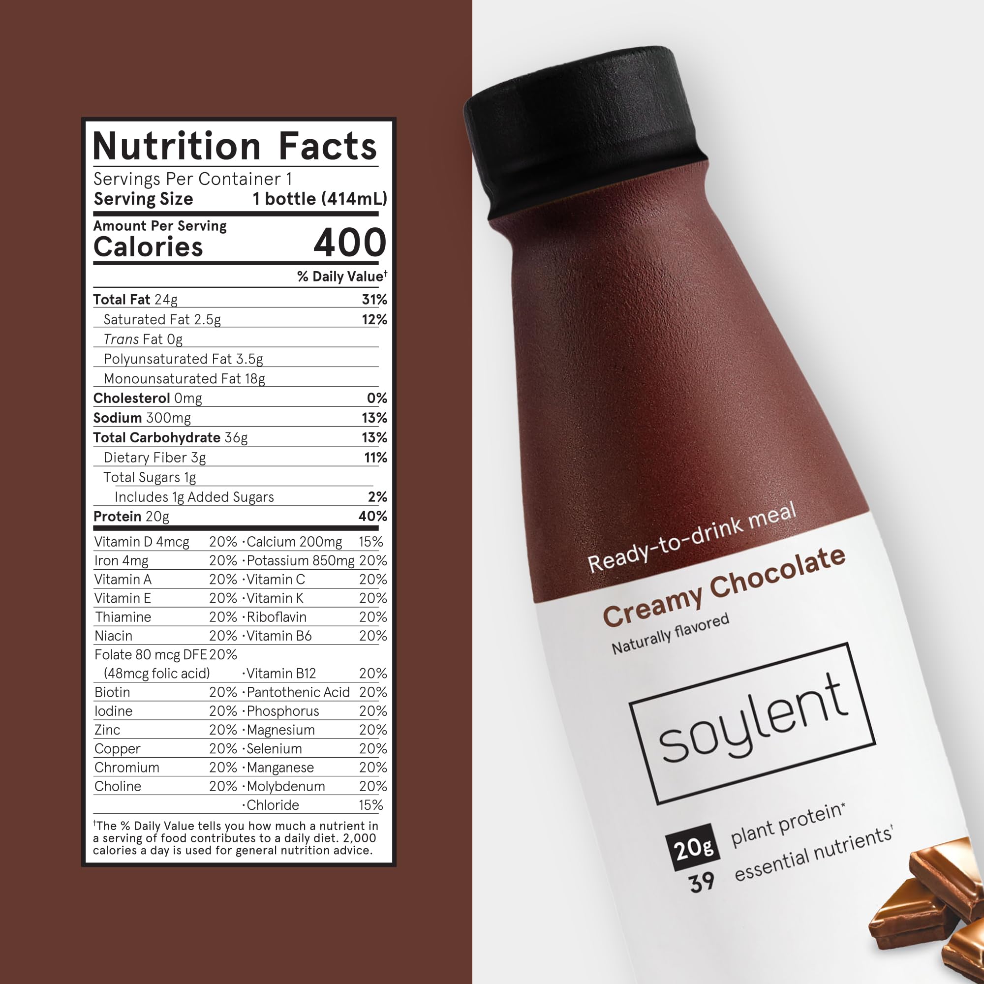 Soylent Meal Replacement Shake Bundle - Mint Chocolate & Creamy Chocolate Flavors (2 x 12-Pack, 14 oz Bottles, 24 Total) | Vegan Protein Shakes for Weight Loss, Busy Professionals & On-the-Go Nutrition