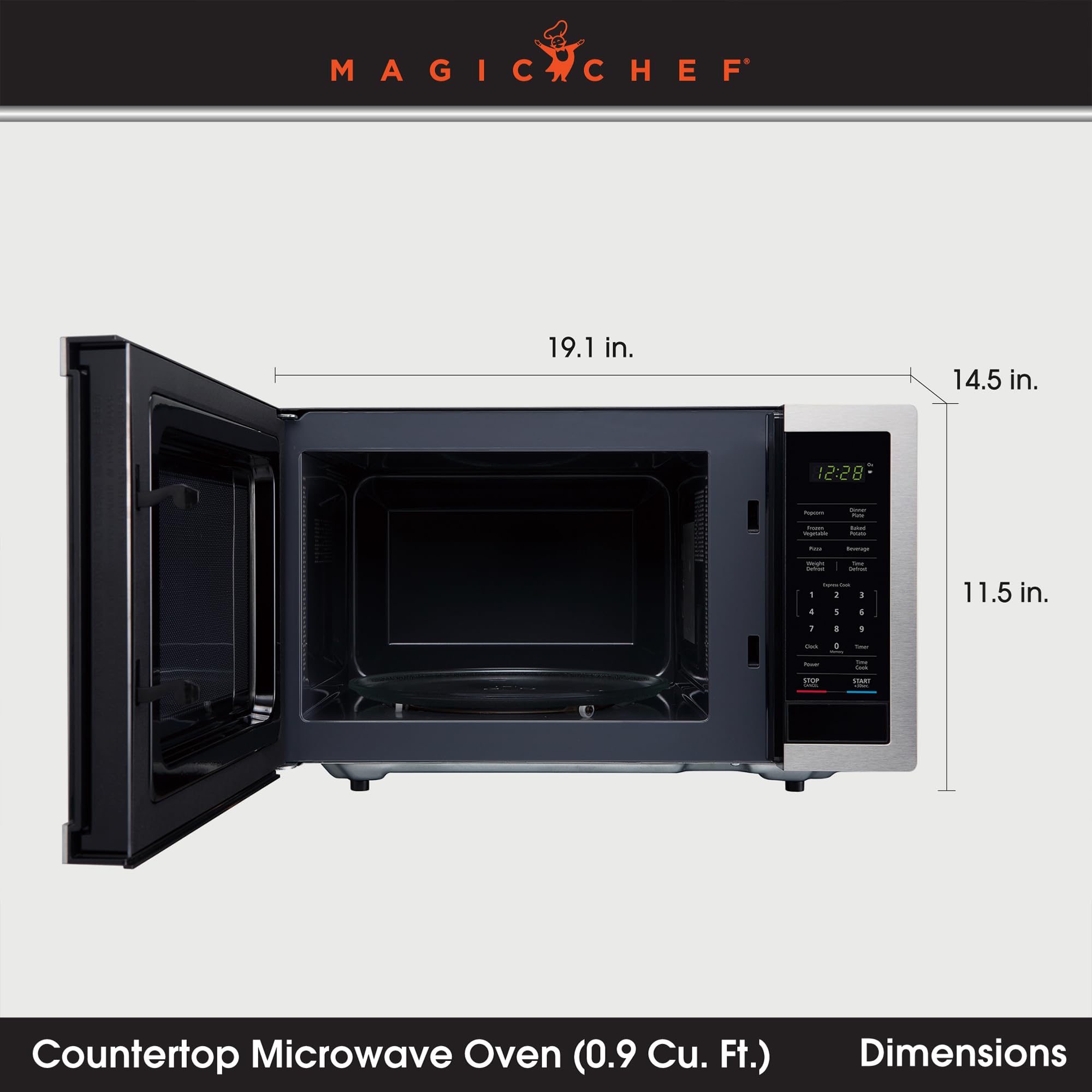 Magic Chef 0.9 Cu Ft Countertop Microwave Oven - 900W Compact Stainless Steel Small Microwave for Dorm, Office & Kitchen - Perfect for Quick Meals & Reheating Food