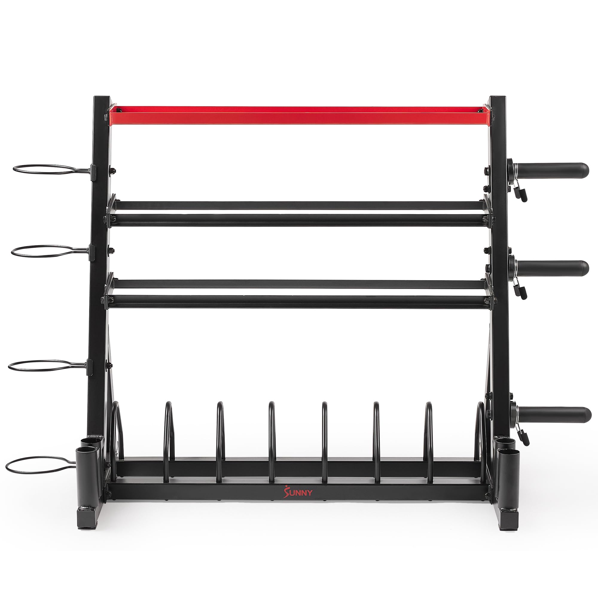 Sunny Health & Fitness Multi-Weight Storage Rack Stand - Organize Dumbbells, Kettlebells, Olympic Plates & Barbells - Perfect for Home Gym & Garage Workouts