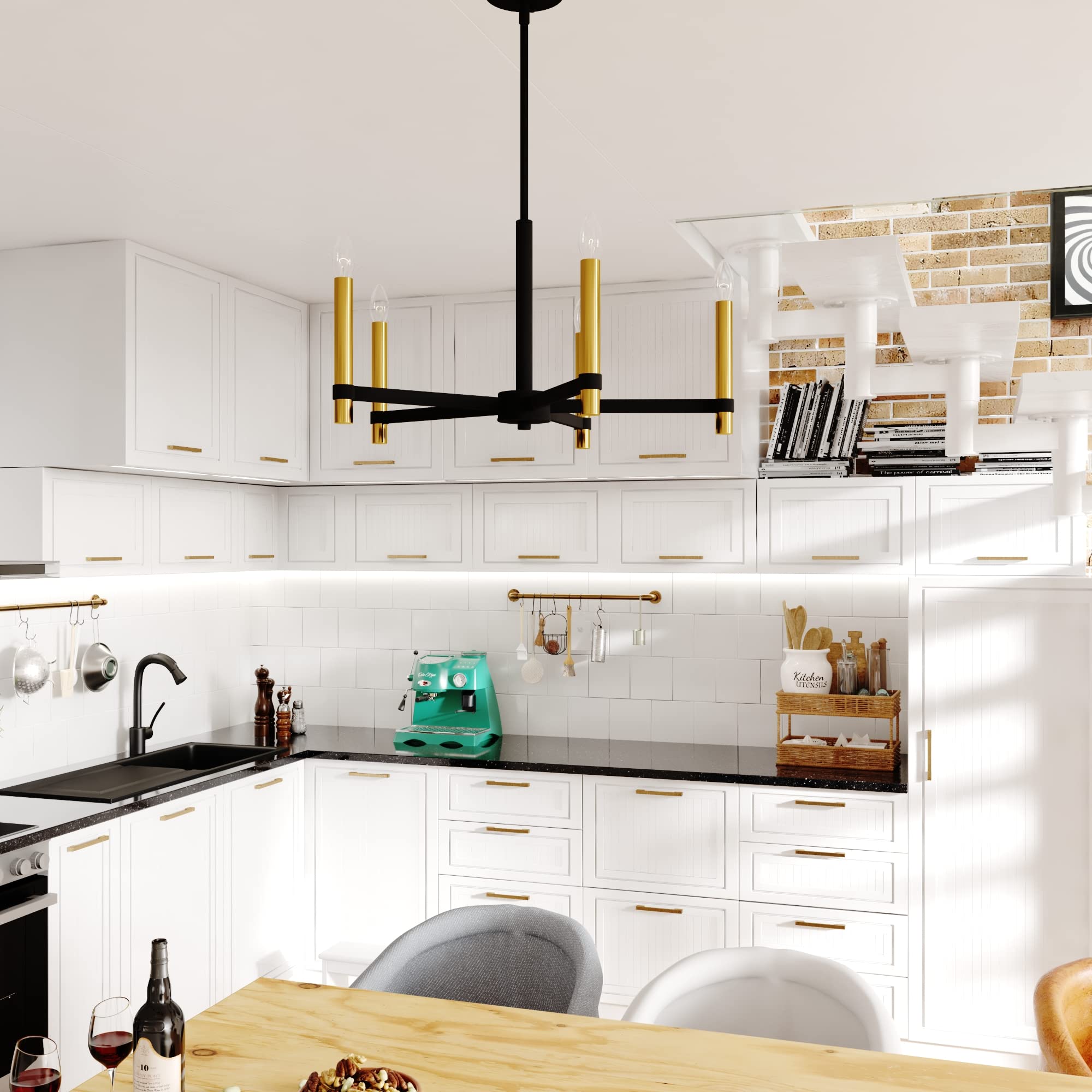 VAXCEL 5-Light Black and Brass Contemporary Candle Chandelier for Dining Room, Bedroom, or Entryway - Elegant Modern Lighting Fixture
