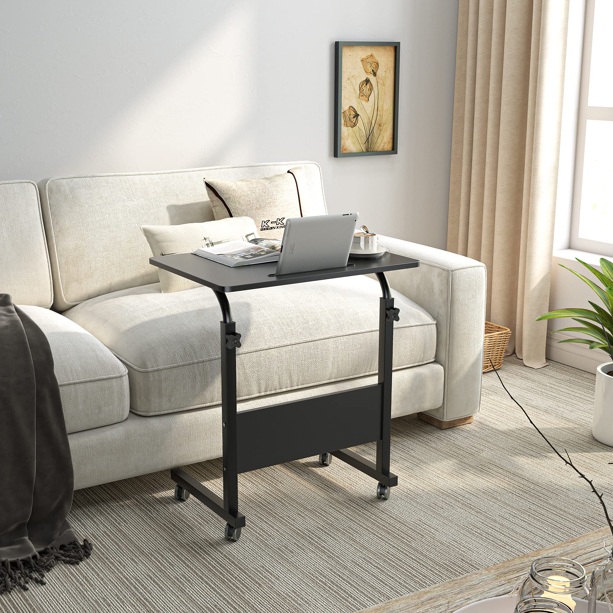 Rolling Laptop Desk Stand Up Desk - Adjustable Mobile Laptop Table with Wheels, DlandHome 23.6 Inch Medium Size Side Table, Portable Stand for Bed Sofa w/Tablet Slot, Black - Perfect for Home Office, Study, and Living Room